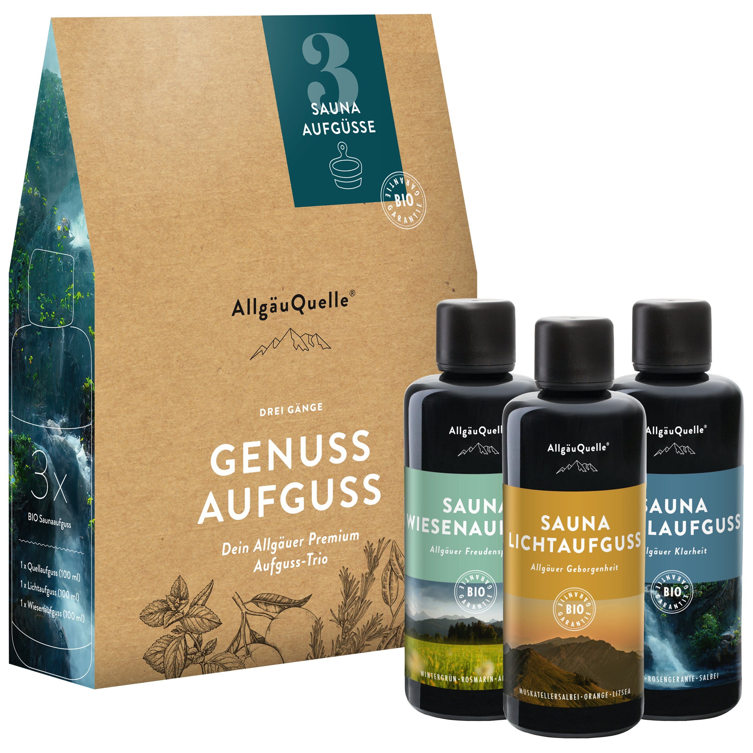 Allgäuquelle Sauna-Aufgussset BIO Saunaaufguss Konzentrat Saunaduft 3 Gänge-Set (3 x 100ml) Pfefferminze, Eukalyptus, Cajeput, Litsea Cubeba, Rosengeranie