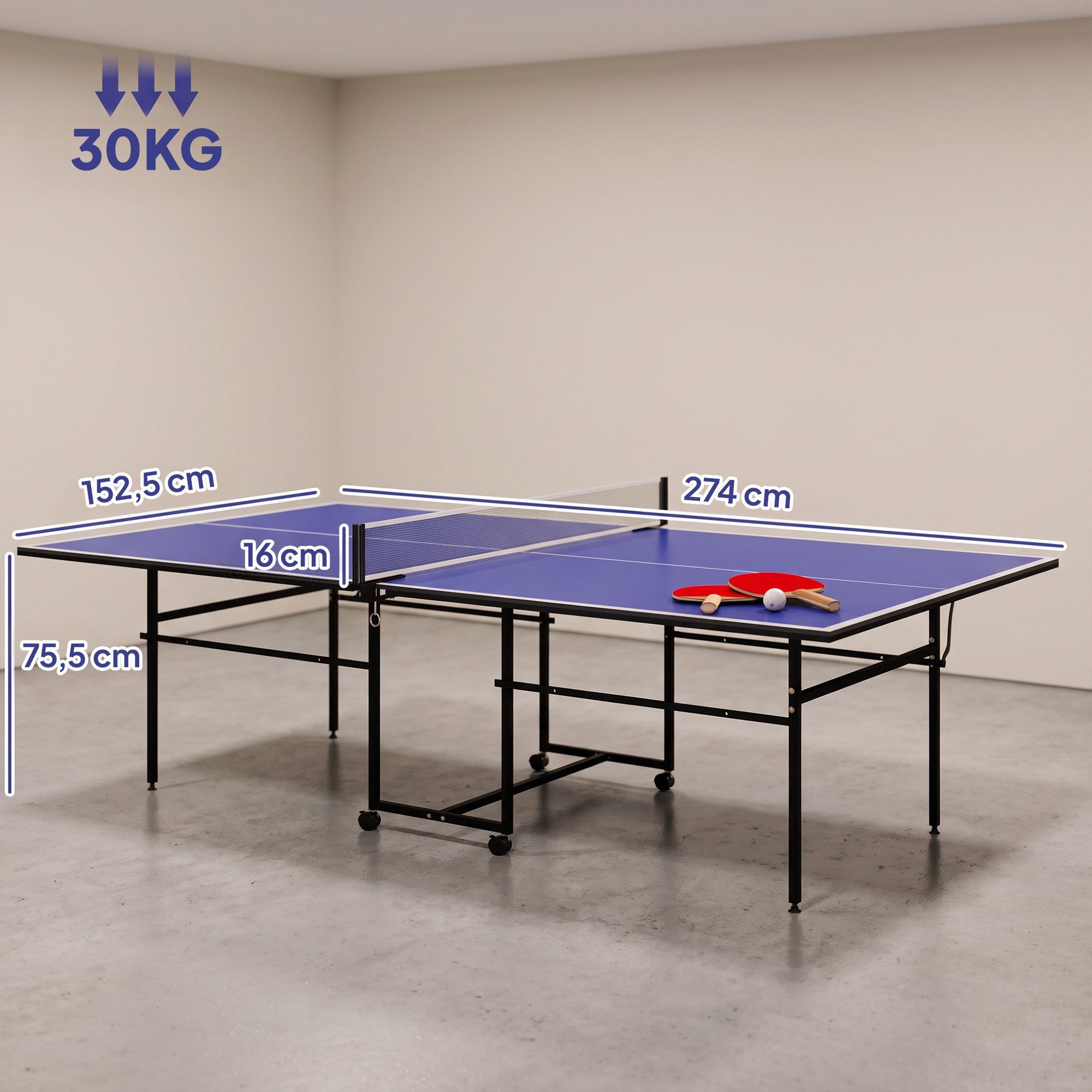 SPORTNOW Tischtennisplatte Klappbar, Indoor, mit Rollen, Stahl, Blau, 274 x 152,5 x 75,5 cm (Tischtennisspiel-Set, 1-tlg., Tischtennistisch), Das Netz ist im Li – Bild 3 von 5