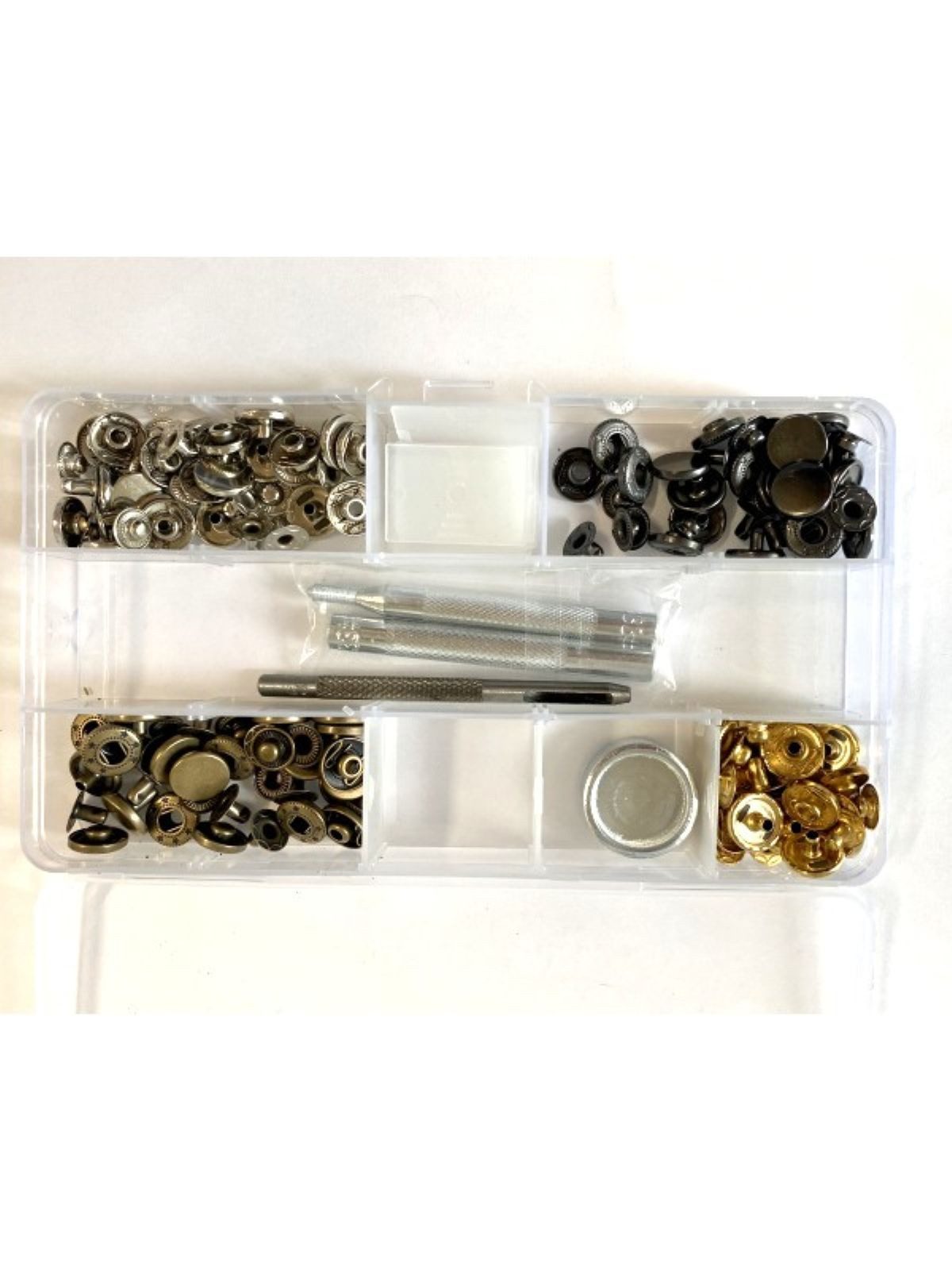 meytrade Druckknopf Set in vier Farben gold, silber, schwarz, kupfer mit Werkzeug und Box, Druckknöpfe bestehen aus vier Einzelteilen und verschiedenen Farben