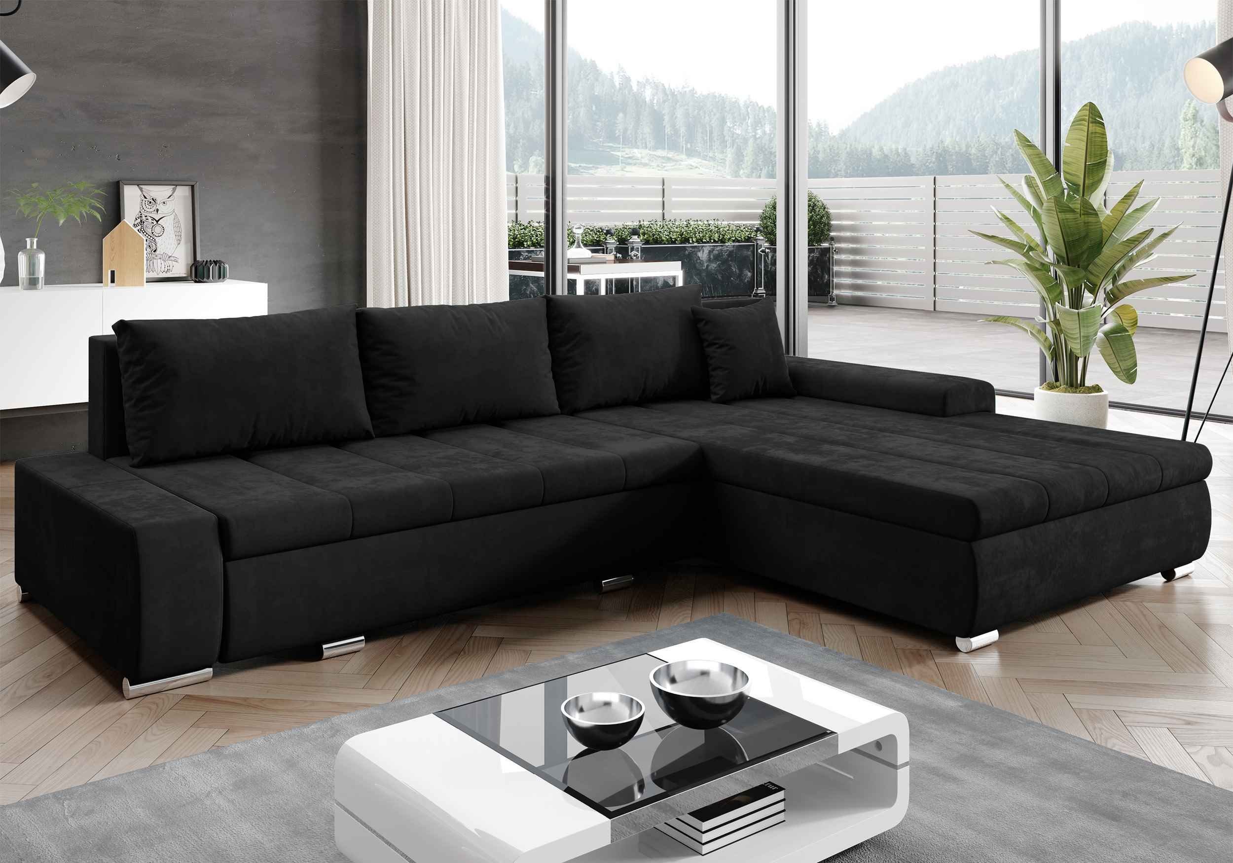 Furnix Ecksofa TOMMASO Sofa Schlaffunktion mit Bettkasten Kissen Couch, B297 x H85 x T210 cm, hochwertig, Made in EU Schwarz Stoff MH97