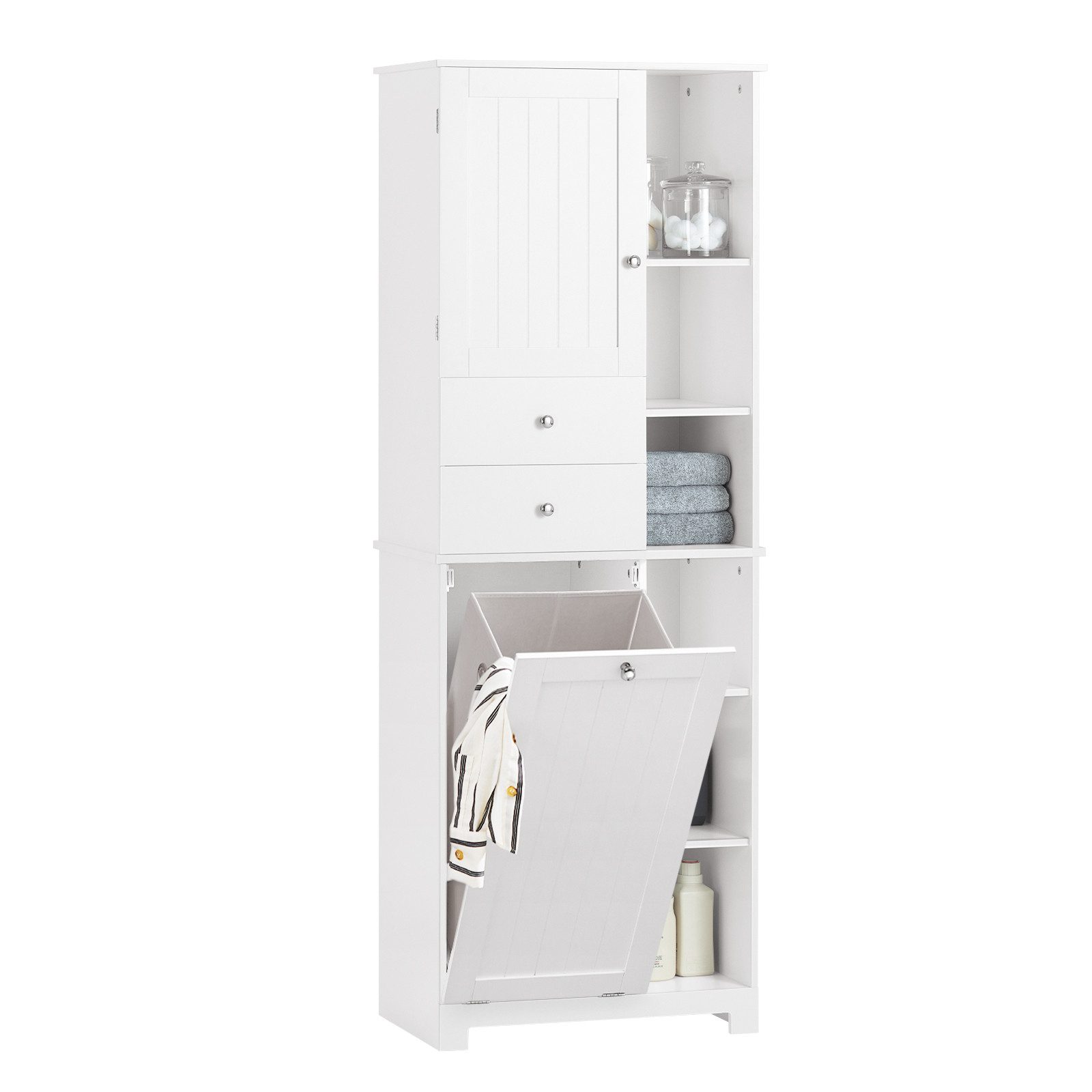 SoBuy Badkommode BZR104, Badezimmerschrank Badschrank Hoch Badregal Wäscheschrank, Aufbewahrungsschrank mit Wäschekorb, mit 6 Ablagen und 2 Schubladen