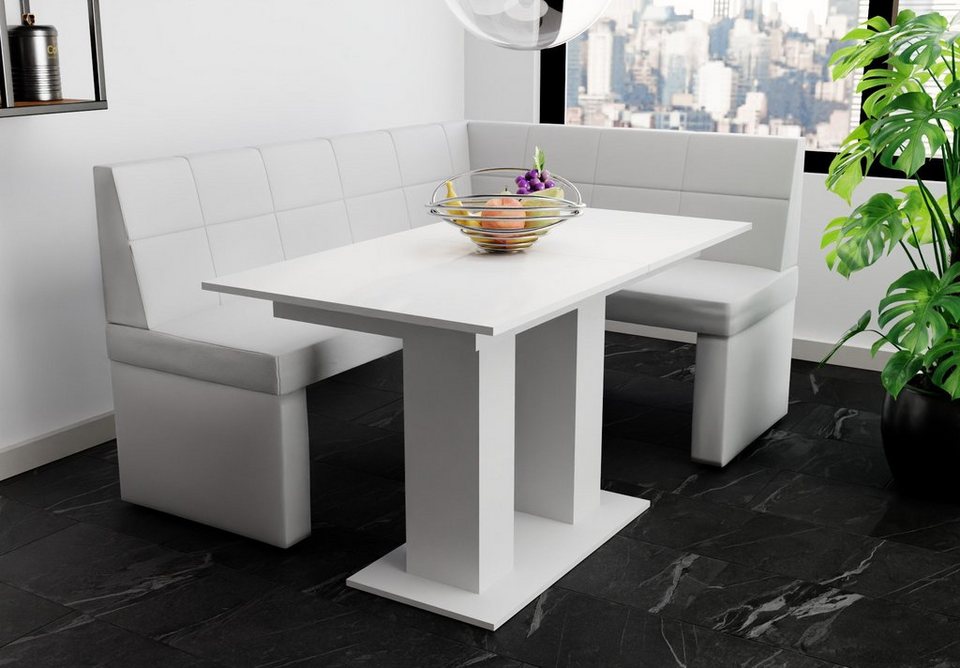 Fun Möbel Eckbankgruppe Eckbankgruppe „BLAKE“ Größe 168x128cm mit Tisch  Weiß matt, ausziehbarer Tisch