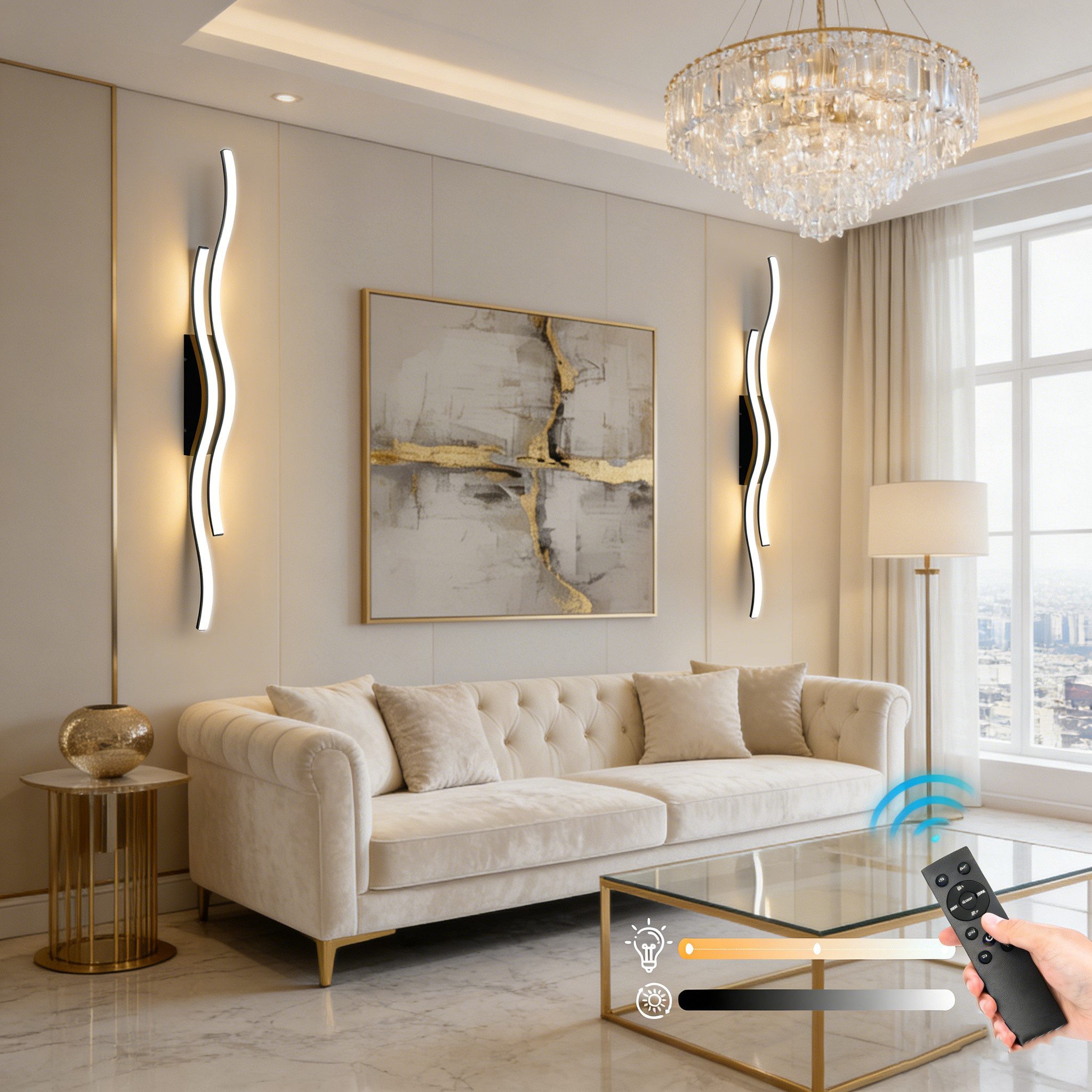 Jibenhome LED Wandleuchte LED Wandleuchte Innen Wandlampe Wave Line,Minimalistische, LED fest integriert, mit Fernbedienung & Touch-Steuerung,3000K-6000K,Timer