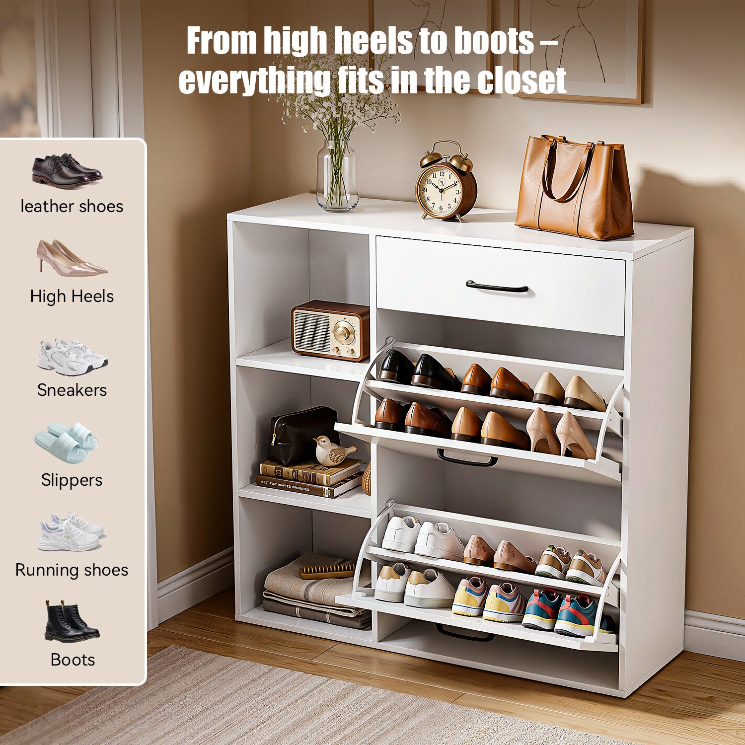 oyajia Schuhschrank Schuhkommode mit 2 Klappen,1 Schublade und 3 Ablagefächer (Schuhkommode Schuhkipper Schuhregal für 12 Paar, B 80 x H 90x T 30 cm)
