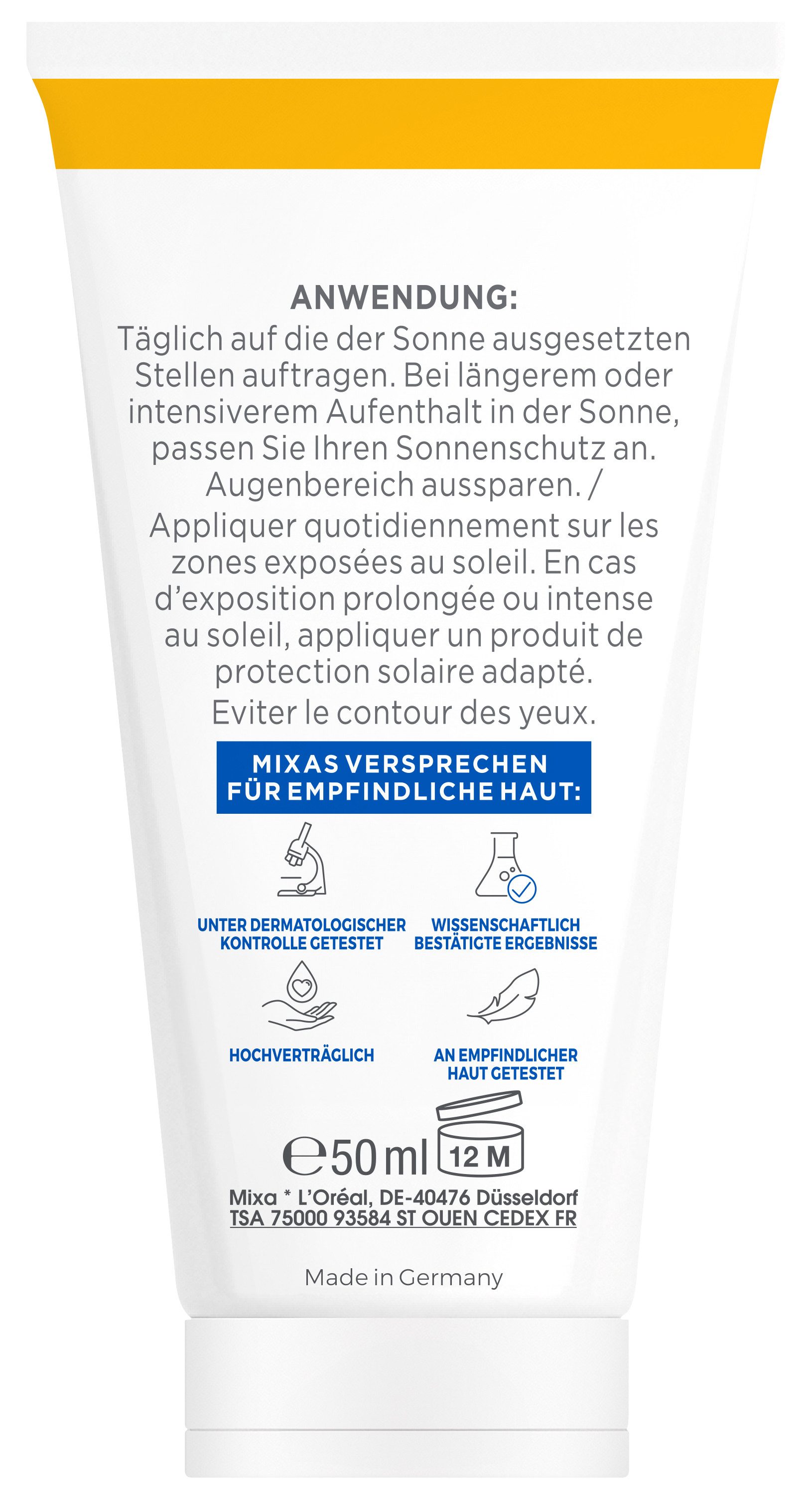 Mixa Körpercreme MIXA NIACINAMIDE BRIGHT CREME LSF50, Mildert sonnenbedingte Pigmentflecken, versorgt trockene Haut.
