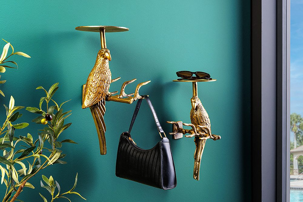riess-ambiente Wandgarderobe WILDLIFE BIRDS 45cm gold · Kleiderhaken aus Metall mit Vogel-Skulptur (Set, 2 St), Hammerschlag Design · Metall · für Flur/Schlafzimmer · Design