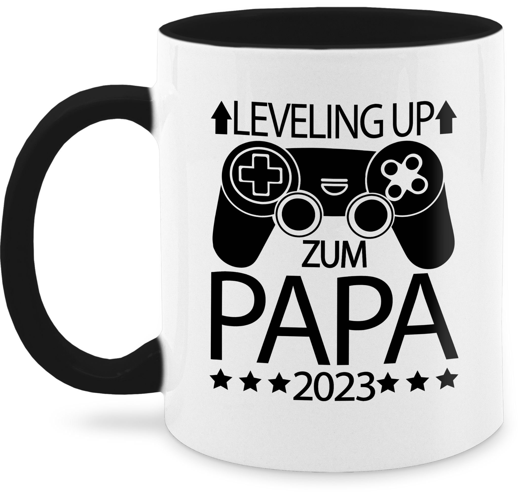 Shirtracer Tasse Leveling up zum Papa 2023 mit Controller - schwarz, Keramik, Geschenk Vatertag Kaffeetasse 1 Schwarz