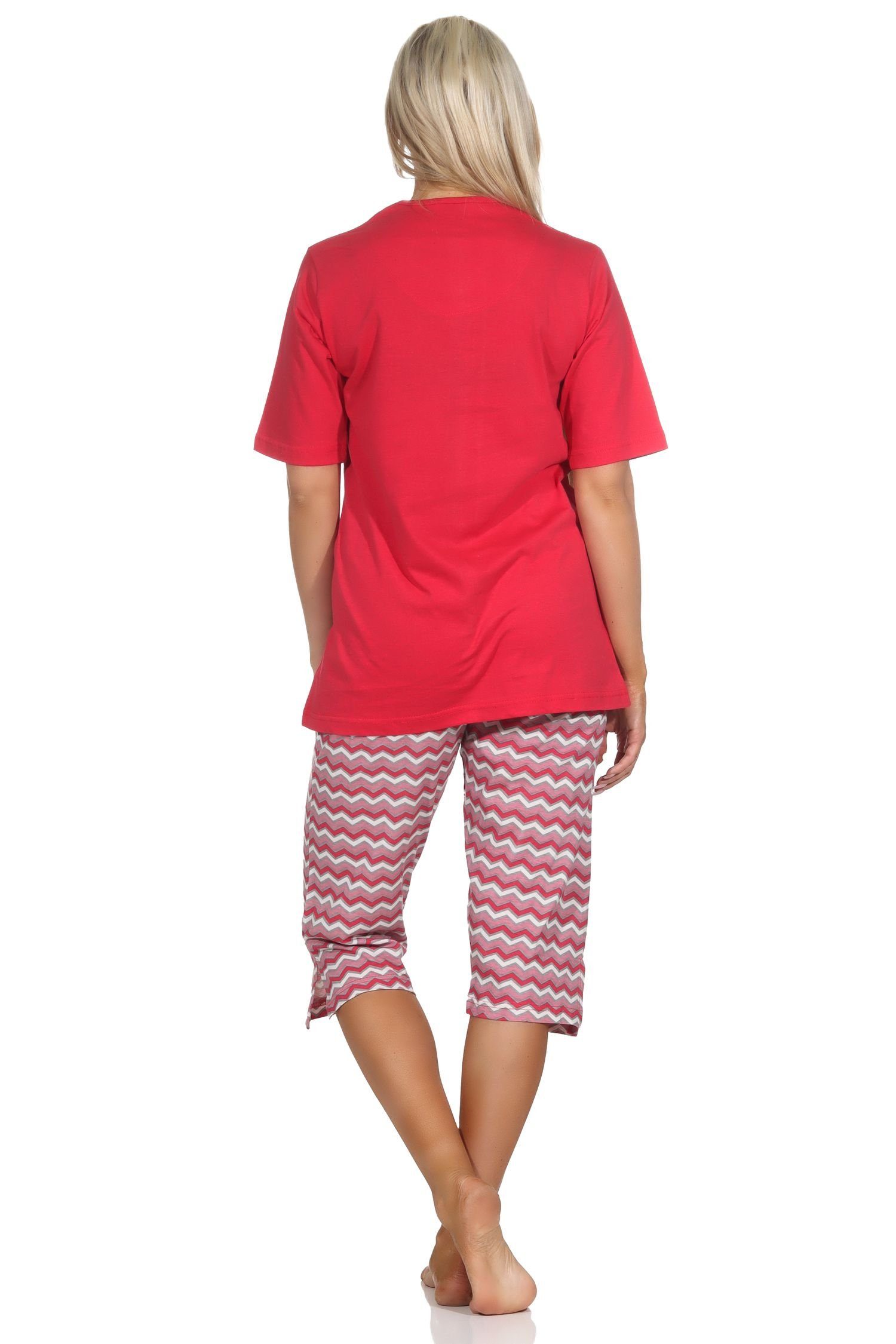 Normann Pyjama Damen Capri rot Schlafanzug Pyjama 3/4 Capri Ethno-Style mit Shorts, im
