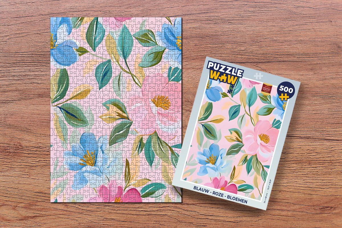 MuchoWow Puzzle Blau - Rosa - Blumen, 500 Puzzleteile, Foto-Puzzle, Bilderrätsel, Puzzlespiele, Spielzeug