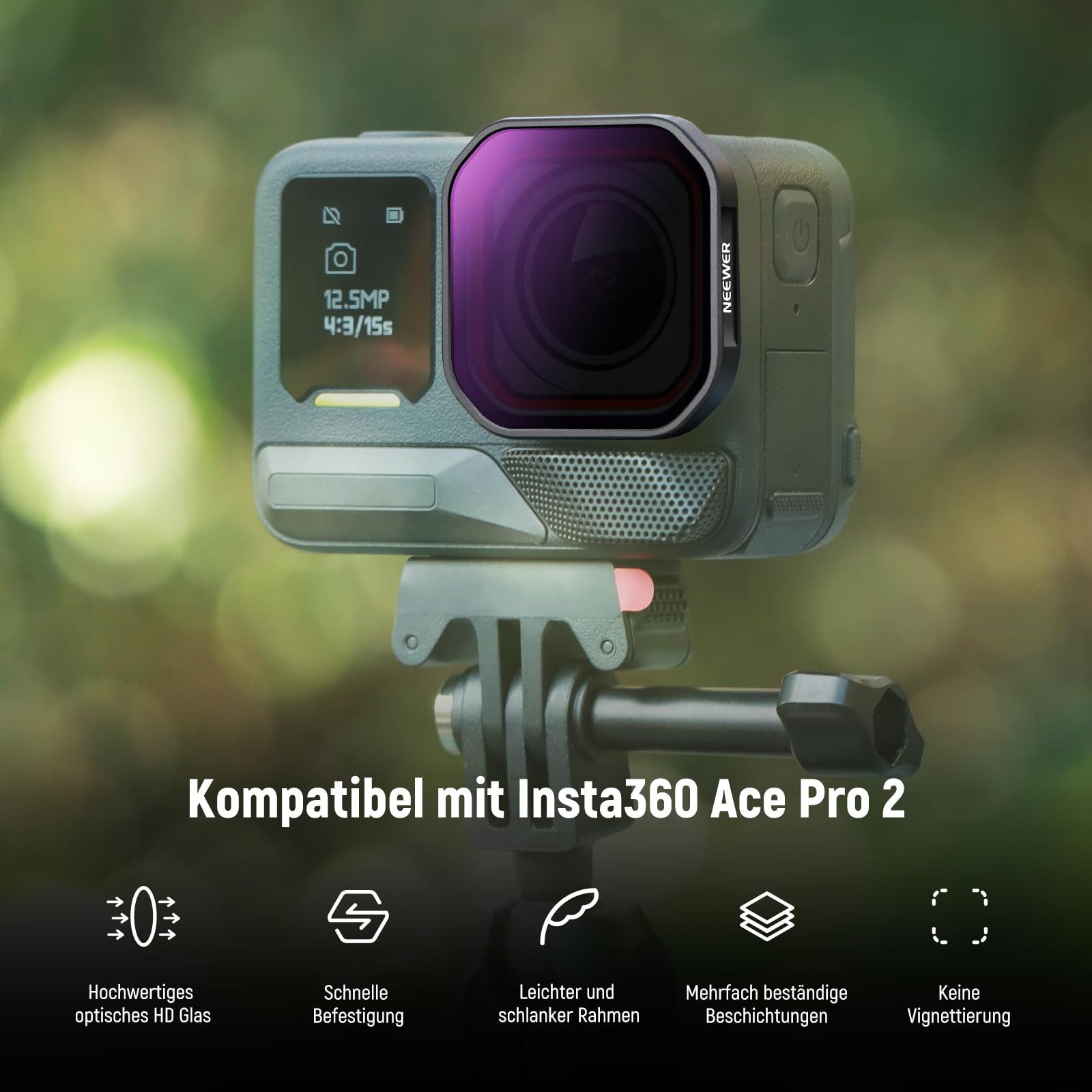 Neewer 4er Pack ND/PL Lens Filter Kit Kompatibel mit Insta360 Ace Pro 2 Foto-Filter-Sets (ND8/PL+ND16/PL+ND32/PL+ND64/PL Filter Set, Bequeme Schnappbefestigung)