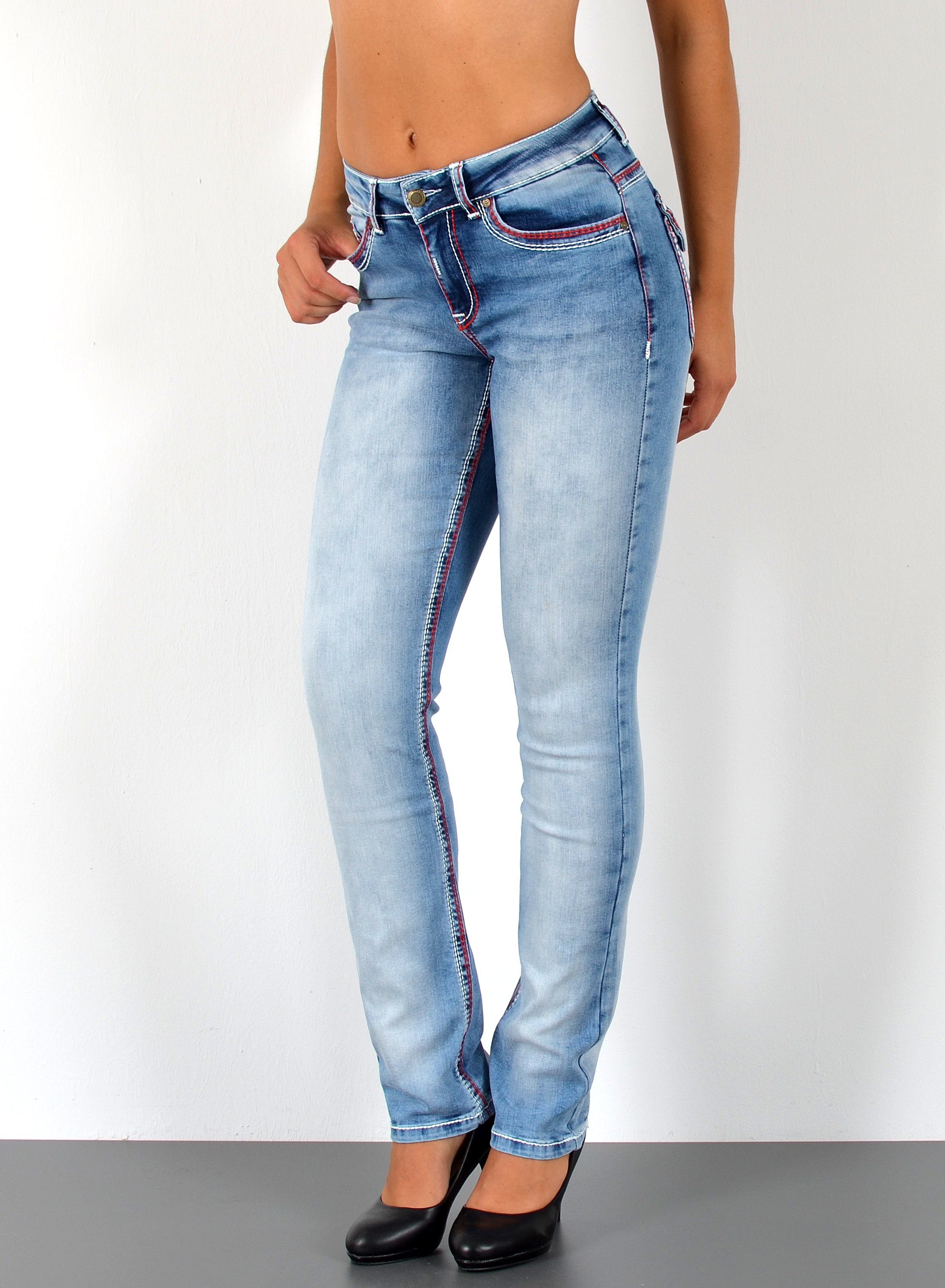 ESRA Straight-Jeans Damen Jeanshose weiße Naht hohe Leibhöhe Stretch Jeans Straight G12 High Waist Jeans Damen Straight Hose mit dicker Naht bis Übergröße