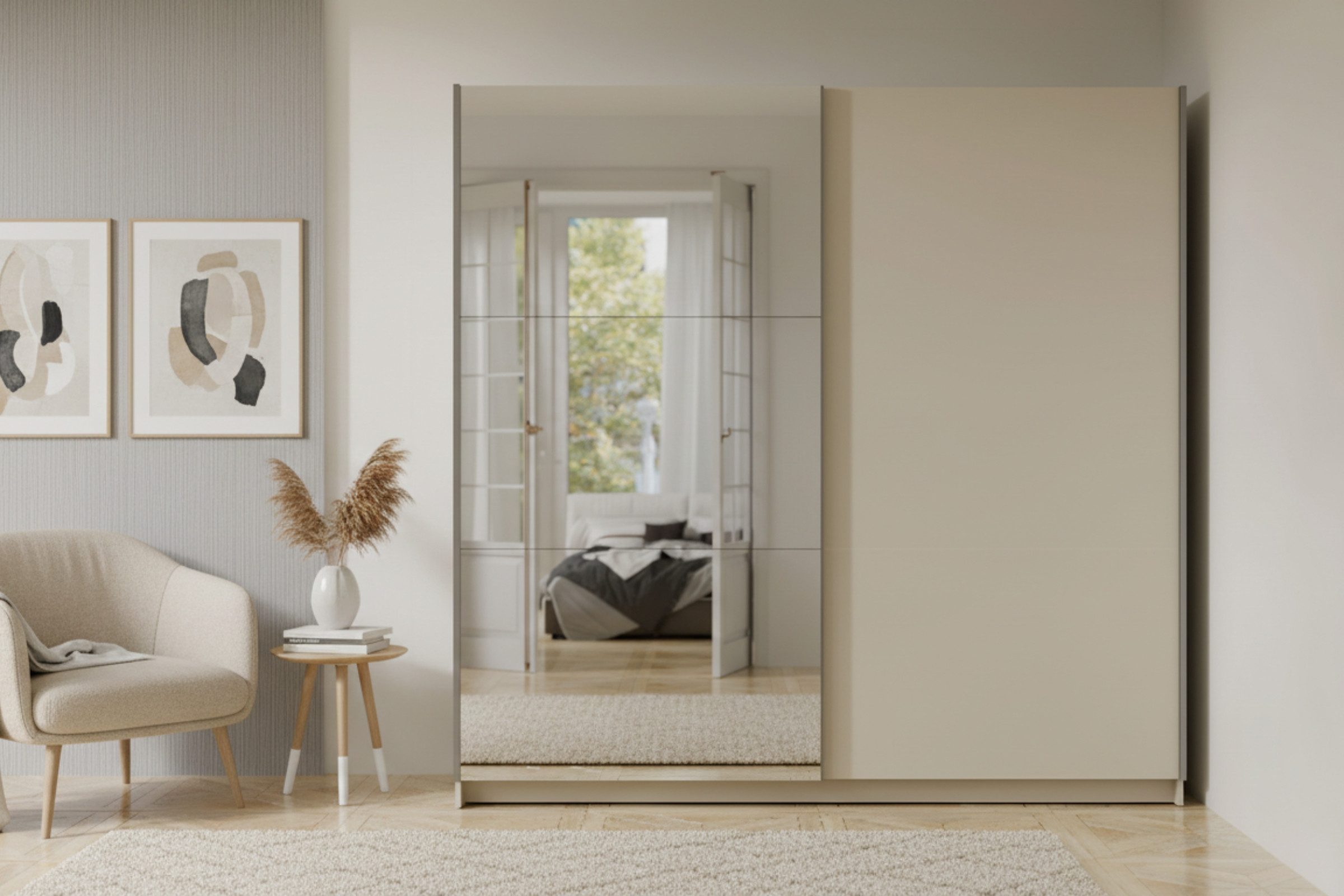 Deine Möbel 24 Schwebetürenschrank ARLO Schiebetürenschrank mit Spiegel – Kleiderschrank 150 / 200 cm, (in Nussbaum, Sandbeige, Weiß, Eiche Artisan & Graphit, 1-St., mit Spiegel) moderner Schlafzimmer-Schrank