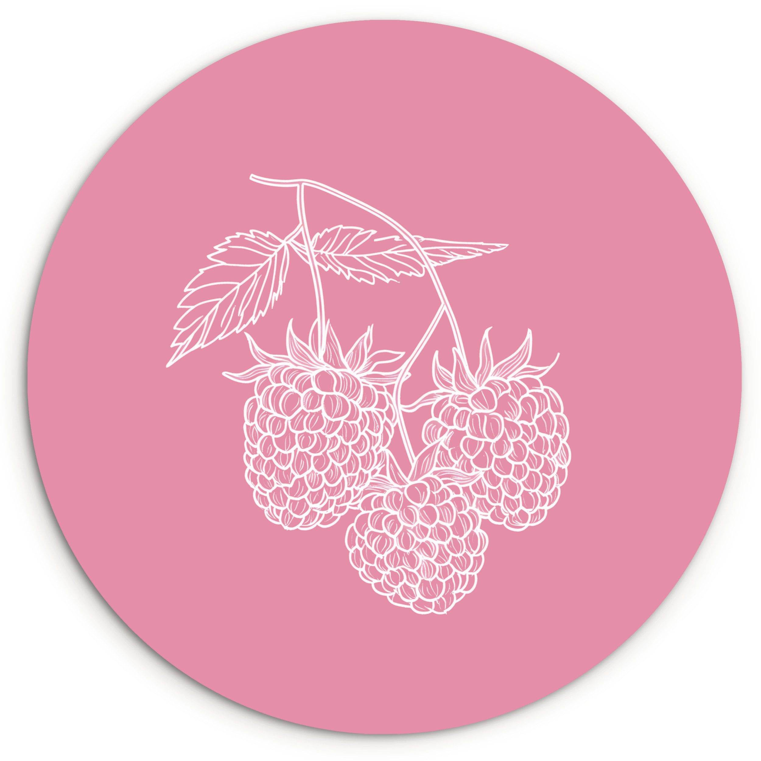 MuchoWow Gemälde Himbeeren - Stiel - Gezeichnet - Rosa, Fotodruck (1 St), Kreis Wanddekoration, Rundes Wandbild, 30x30 cm