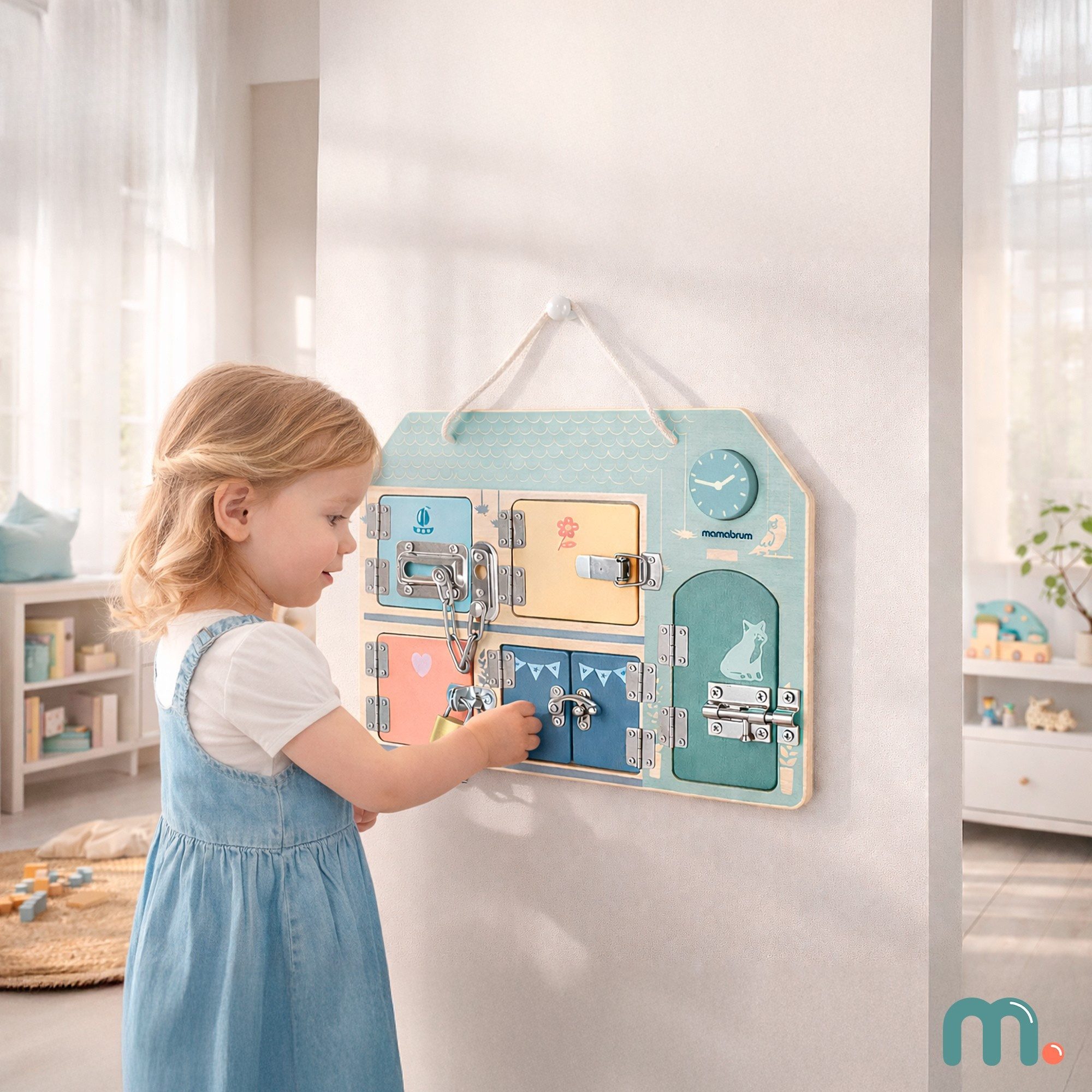 Mamabrum Motorikbrett Mamabrum Montessori Busy Board Haus mit Schlössern Lernspielzeug
