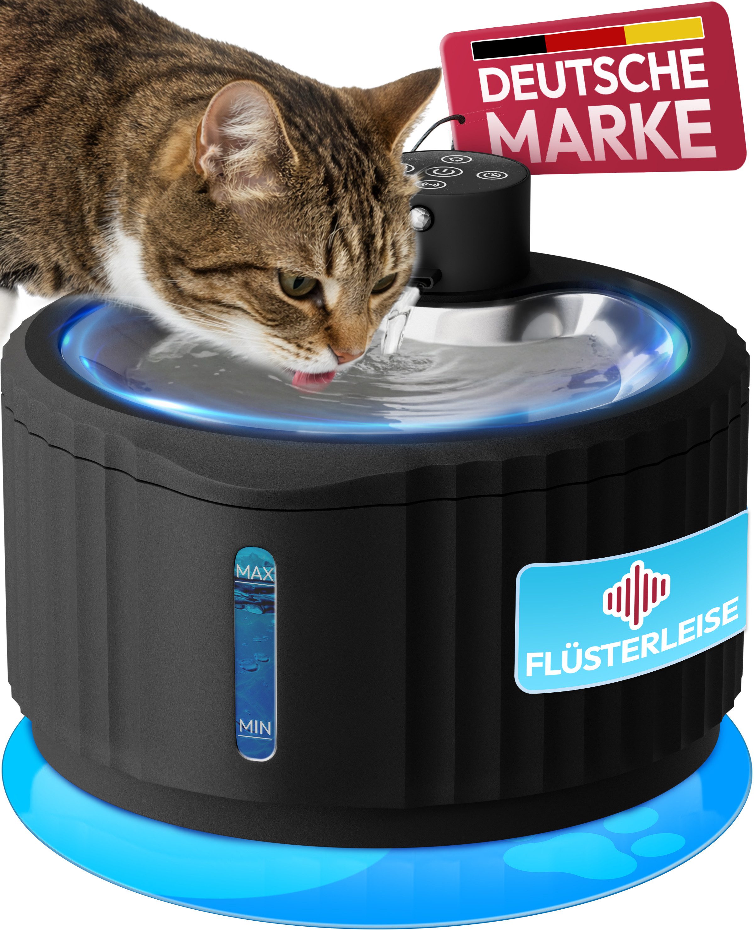 Miaura Trinkbrunnen für Katze, Katzenbrunnen mit Bewegungsmelder 2.8 l, 30 Tage Akkulaufzeit, Flüsterleise, 5-Schichtiges Filtersystem