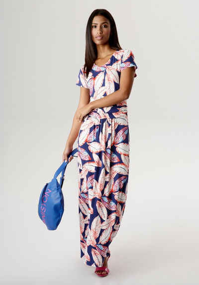 Aniston SELECTED Sommerkleid mit großem Blätterdruck und geraffter Taille - NEUE KOLLEKTION
