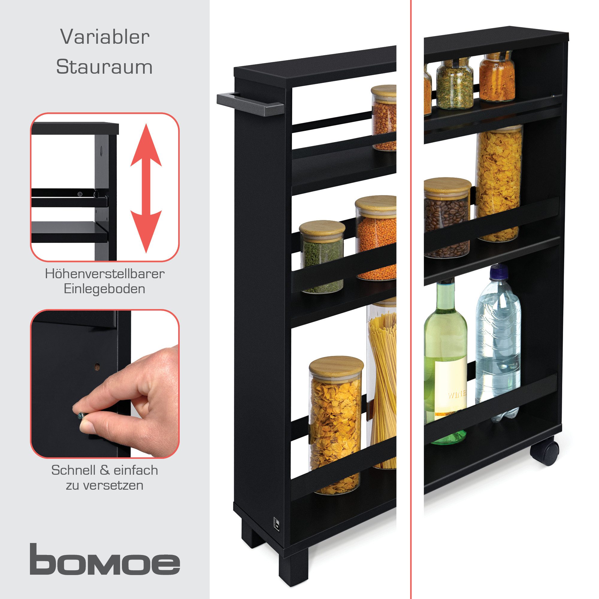 bomoe Küchenwagen Nischenregal 15cm breit Hylla, 79x50cm, Schwarz, Küchenwagen Küchenregal Schmal – Rollwagen 3 Fächer & Arbeitsplatz – Bild 4 von 5