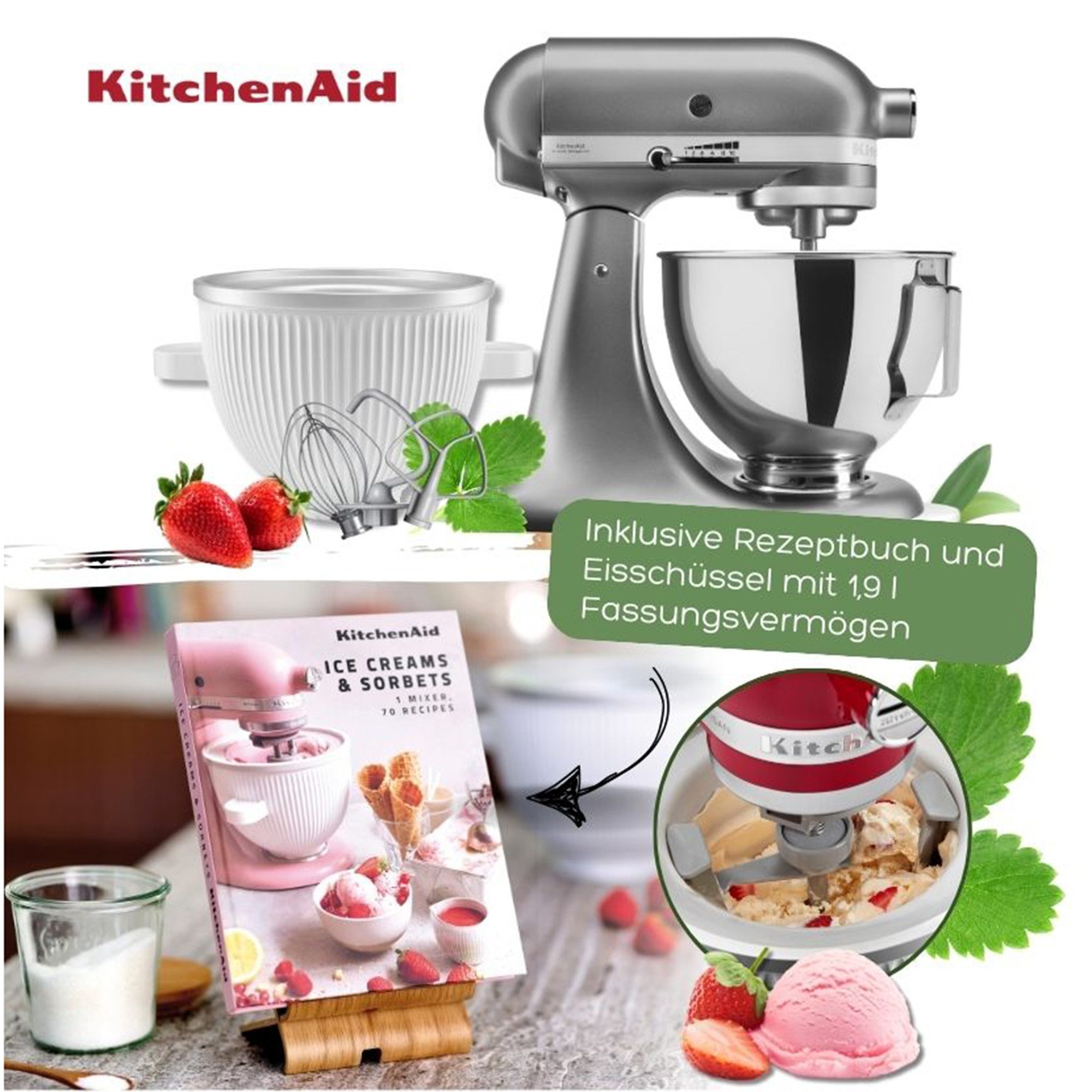 KitchenAid Küchenmaschine Aktions Set 5KSM95PSECU + Eisschüssel 5KSMICM + Rezeptbuch, 275 W, 4,3 l Schüssel, 275 W, 4,3 L Schüssel, 1,9 l Eisschüssel, weiteres Zubehör