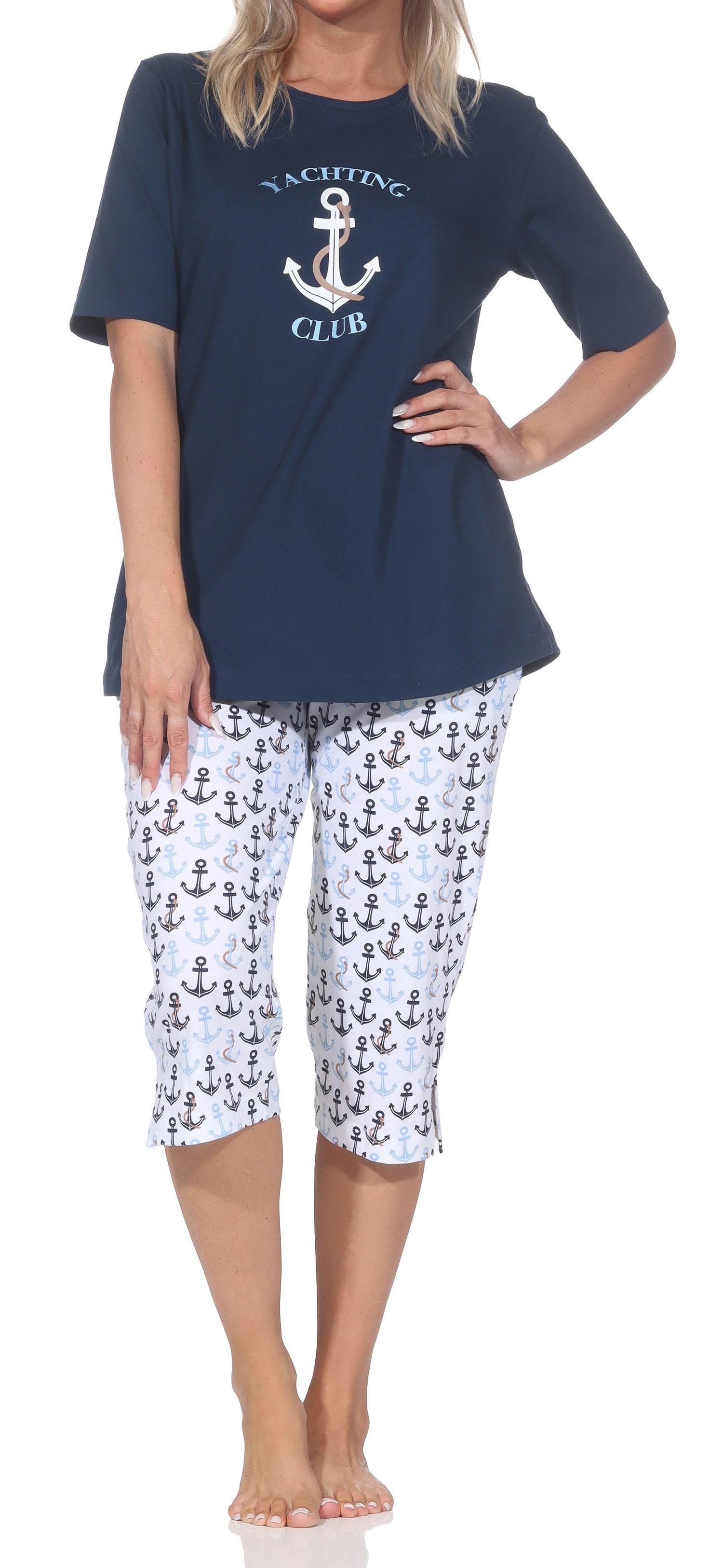 Normann Pyjama Damen kurzarm Capri Schlafanzug in maritimen Look – auch in Übergröße