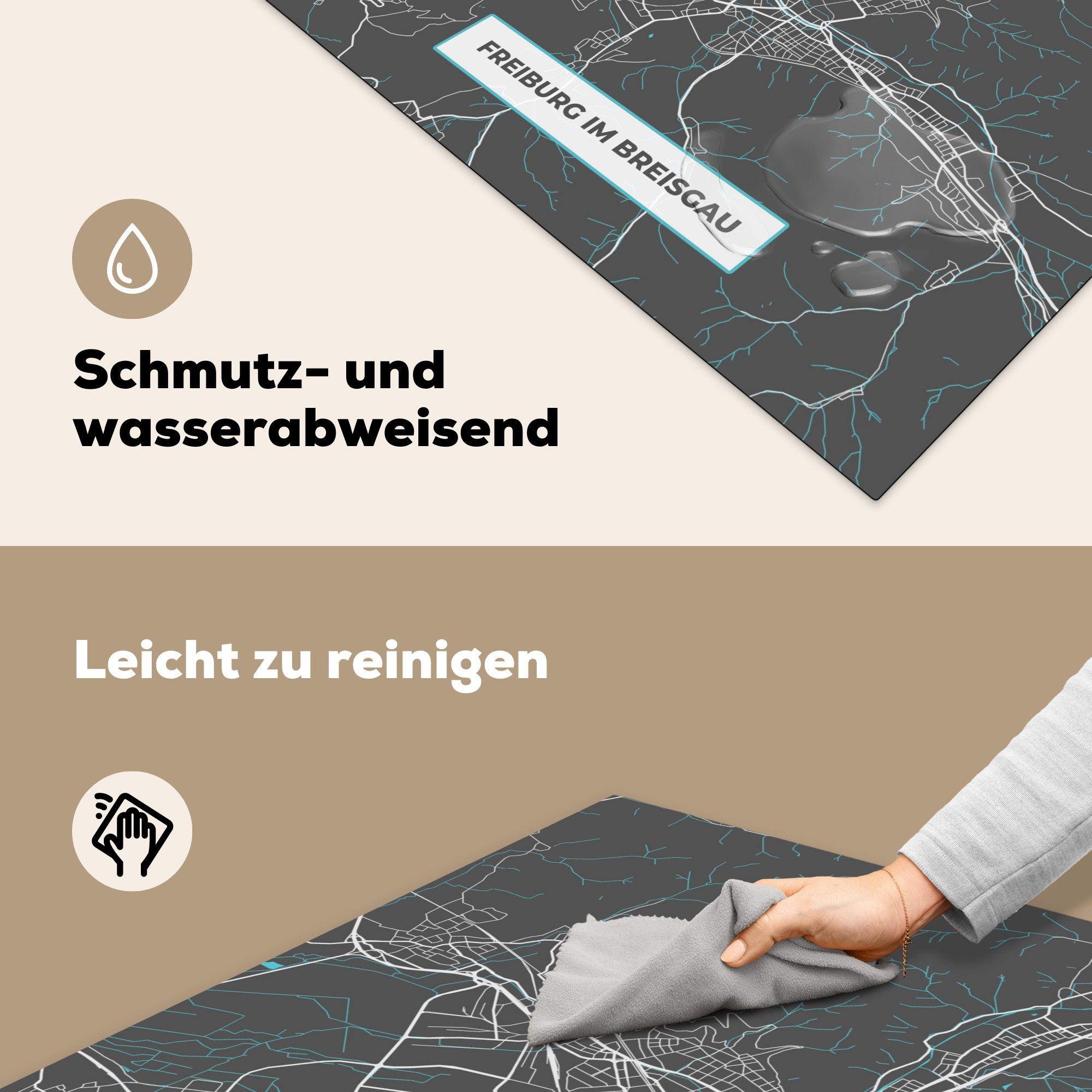 MuchoWow Herdblende-/Abdeckplatte Stadtplan - Arbeitsplatte Ceranfeldabdeckung, Breisgau - Blau Vinyl, - im cm, küche tlg), Deutschland (1 Freiburg 78x78 Karte, - für - Karte