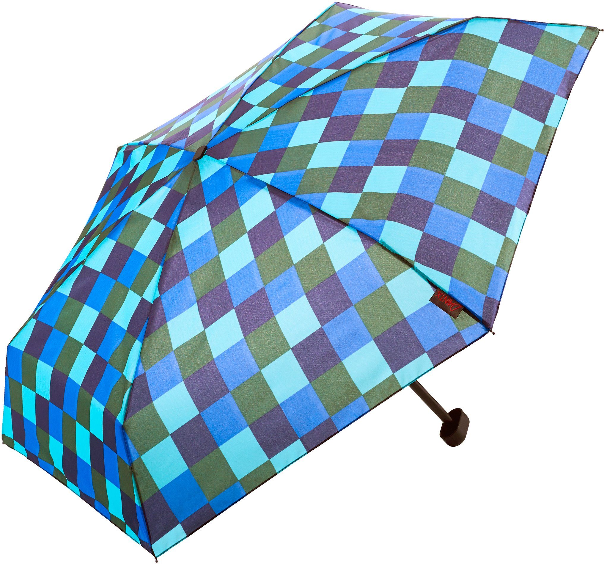 EuroSCHIRM® Taschenregenschirm Dainty, Karo blau grün, extra flach und kurz