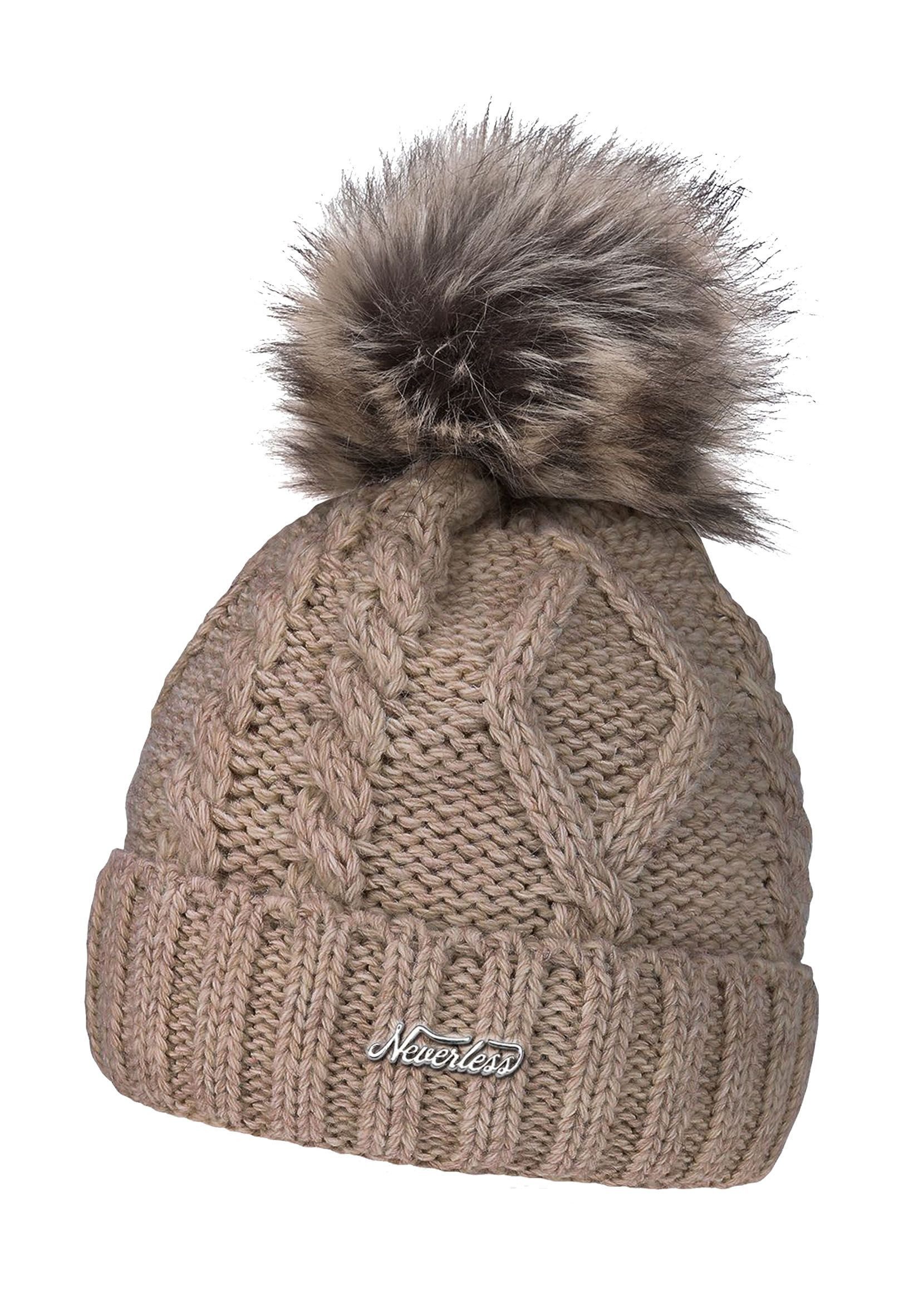 Neverless Bommelmütze gefütterte Damen Strickmütze Fell-Bommel Fleece-Futter Kunstfell