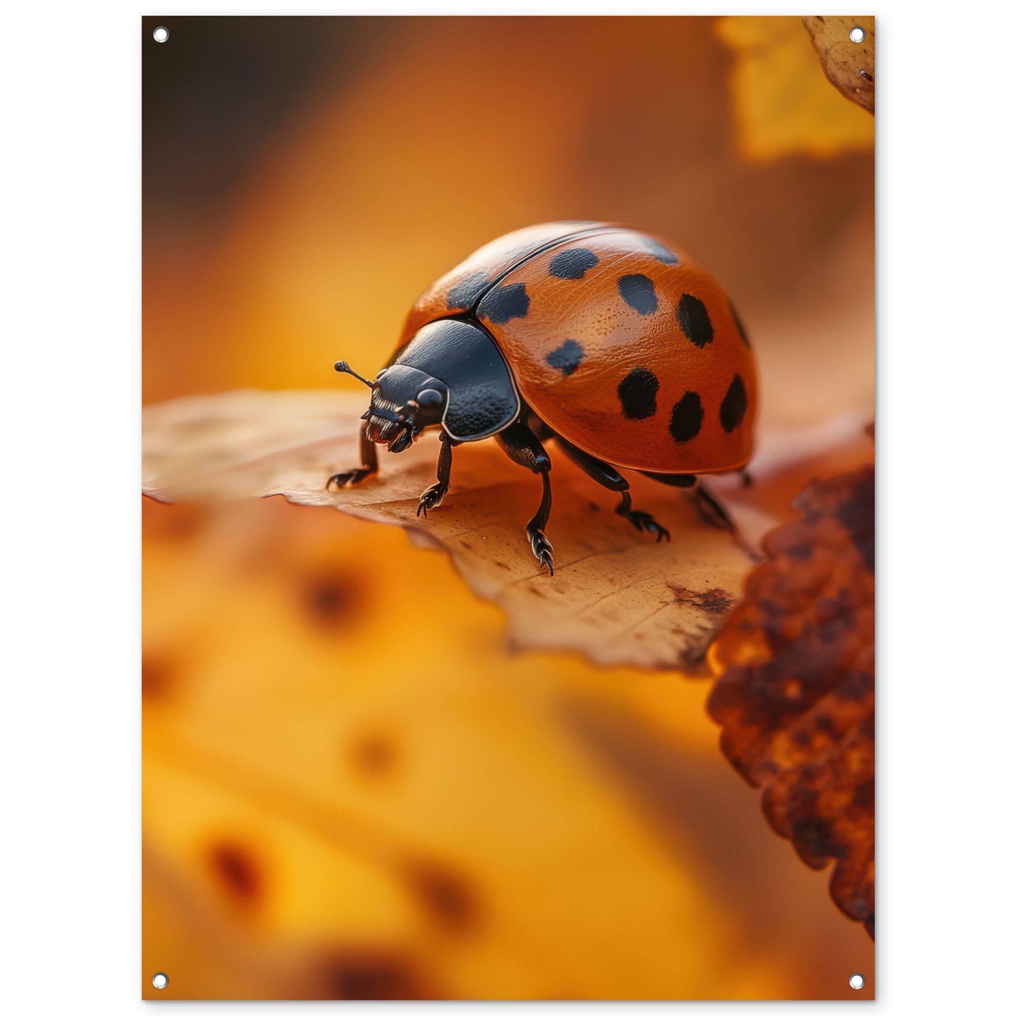 OnlyWow Poster für Garten Marienkäfer - Herbst - Insekt - Rot - Laub, Gartenposter, Outdoor Bilder, Gartendeko für draußen, 90x120 cm