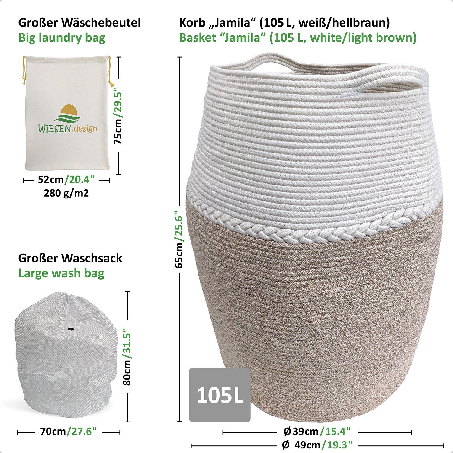 WIESEN.design Wäschekorb Jamila Ø46/39xH65cm 105L, 100% Baumwolle, Aufbewah günstig online kaufen