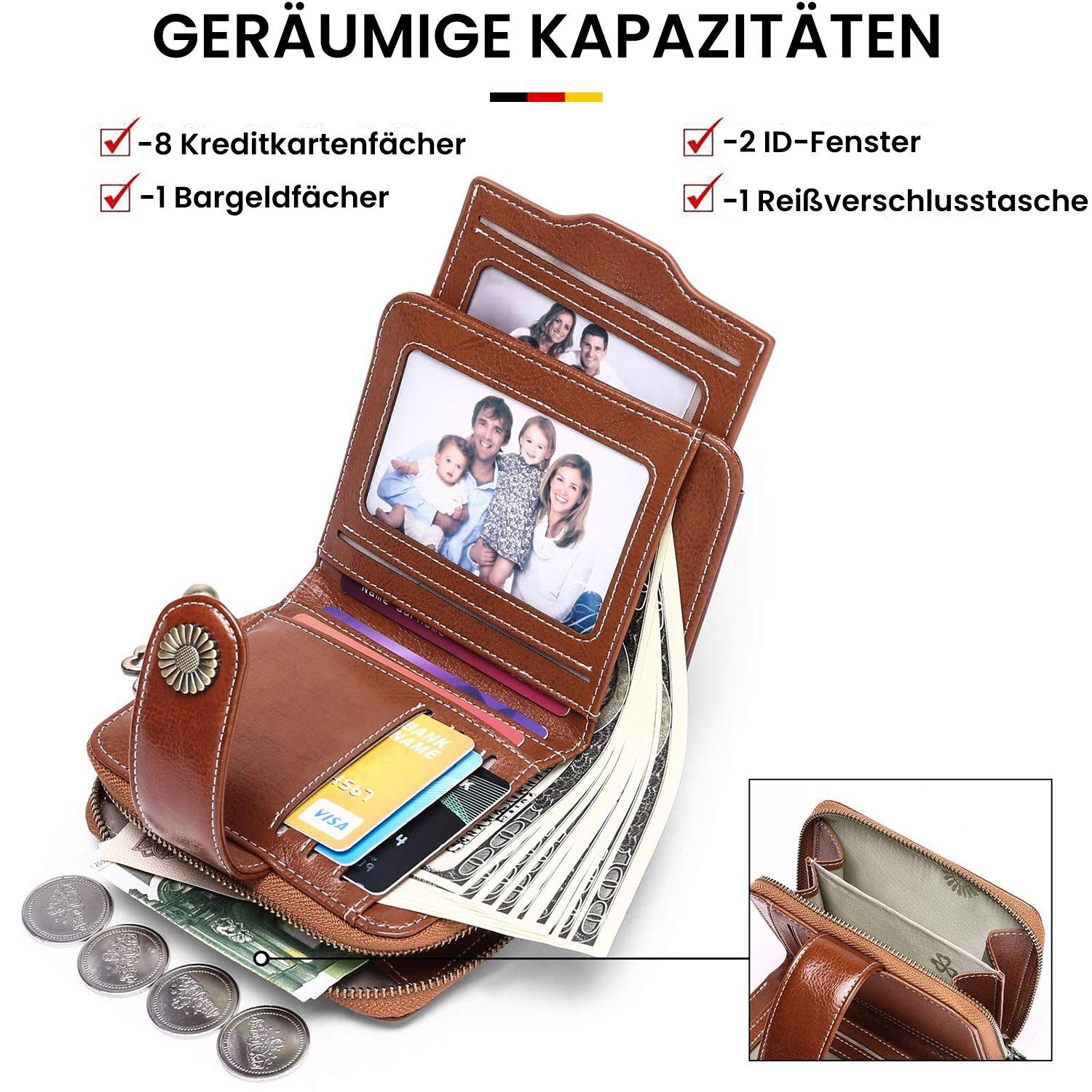 Reißverschluss Clip Geldbörse, und Geldbörse, braun kleine Retro Leder Brieftasche RFID Münzfach Echtes MAGICSHE Schild Damen mit