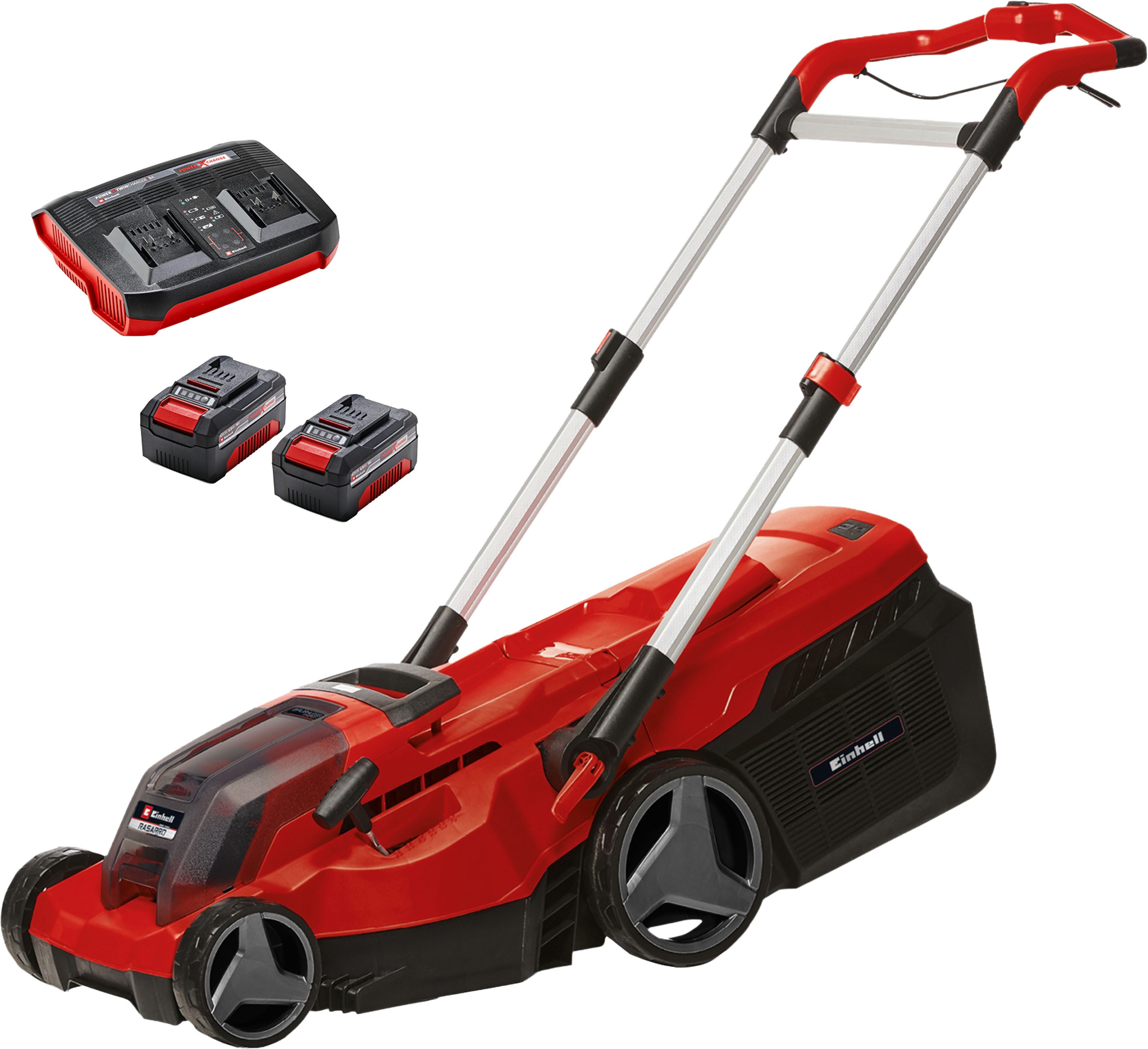 Einhell Akkurasenmäher RASARRO 36/38 (2x4 Ah), 38 cm Schnittbreite, (Set), mit 2 Akkus und Twincharger