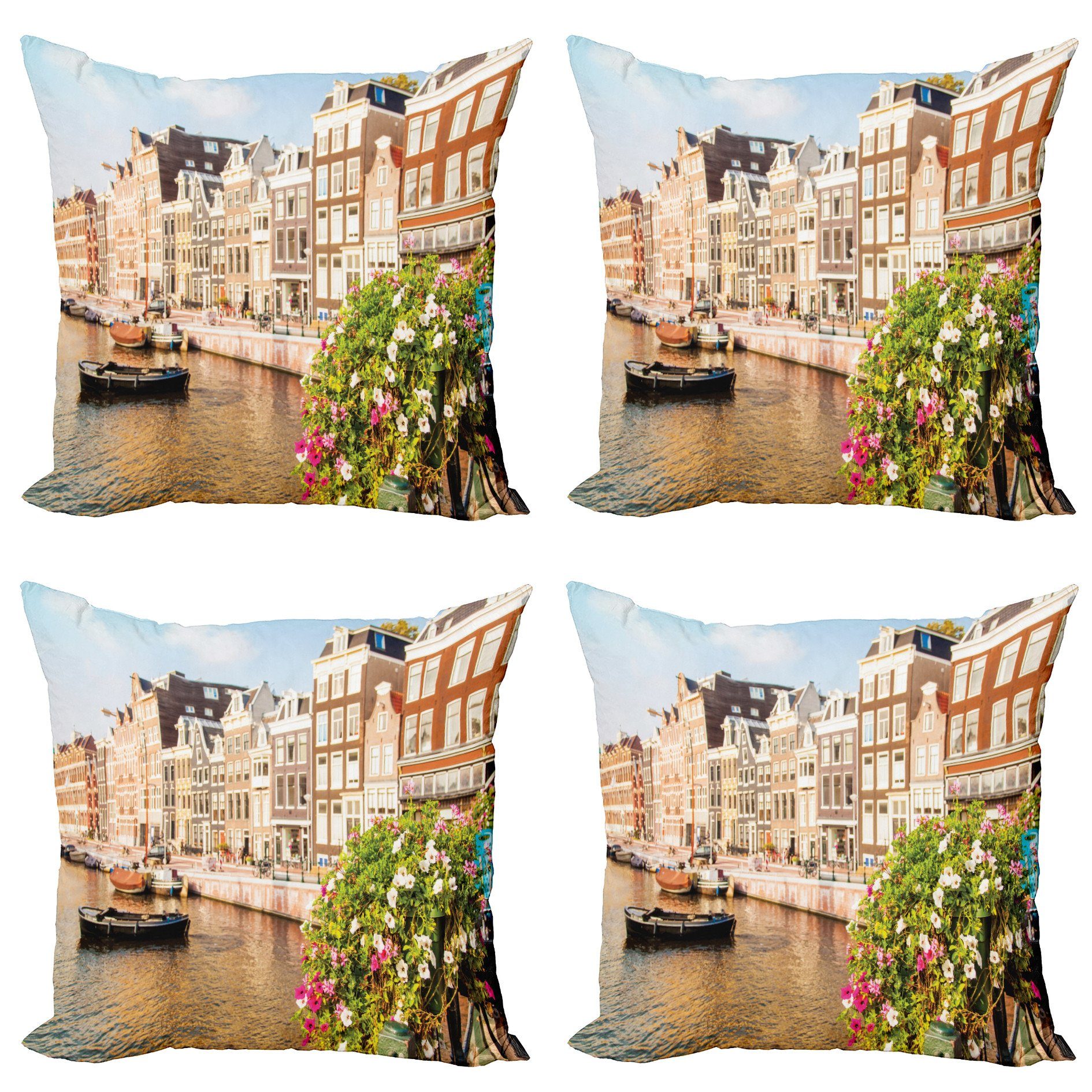 Kissenbezüge Modern Accent Doppelseitiger Digitaldruck, Abakuhaus (4 Stück), Stadt Alte Häuser Amsterdam Abend