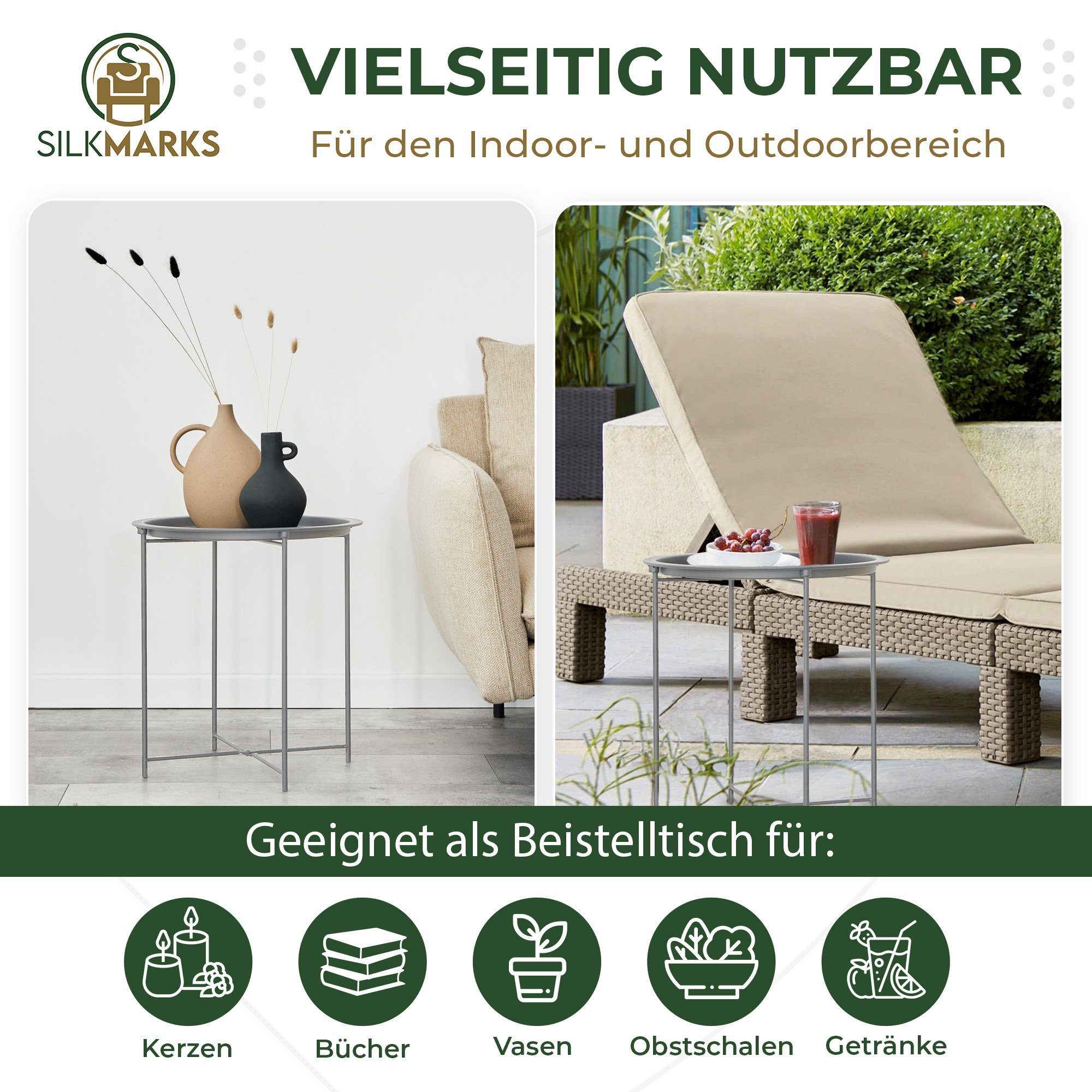 Gartentisch Hellgrau für SILKMARKS® und In- Outdoor Beistelltisch Wahl 2. SILKMARKS Beistelltisch