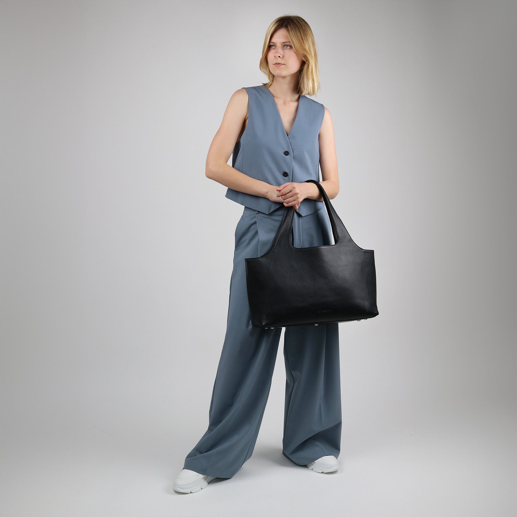 FEYNSINN Umhängetasche echt Leder Damen Businesstasche 13 Zoll schwarz, Add On Tote Komplettset 13'' echt Leder Damen, Schultertasche schwarz