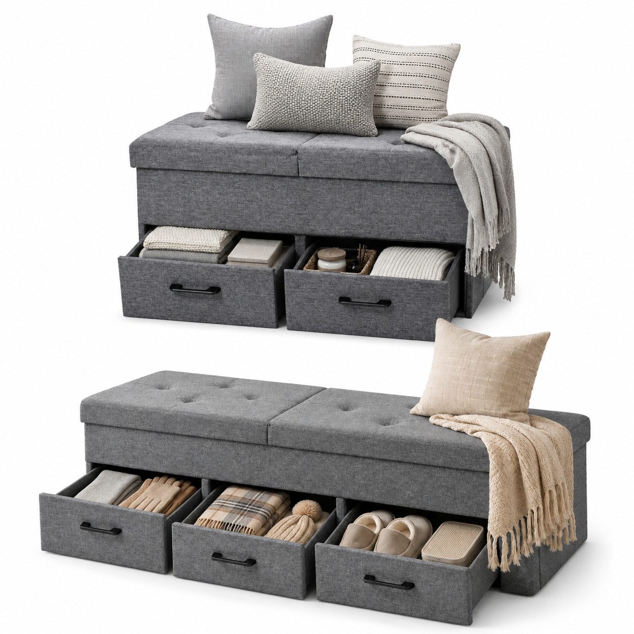 Onbest Sitzbank mit Stauraum gepolstert faltbar, Sitzhocker, Sitztruhe Fußbank, 3 Schubladen, bis 110 kg, klappbarer Deckel, Leinenoptik