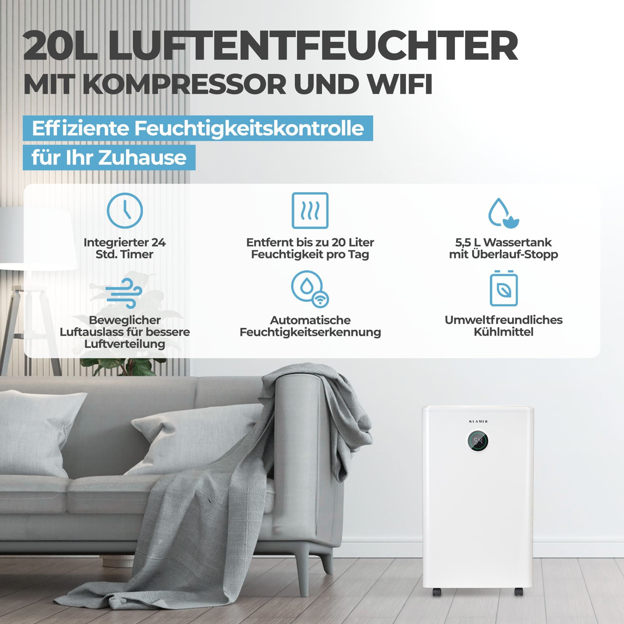KLAMER Luftentfeuchter elektrisch 20L, 180m³ Luftumwälzung günstig online kaufen