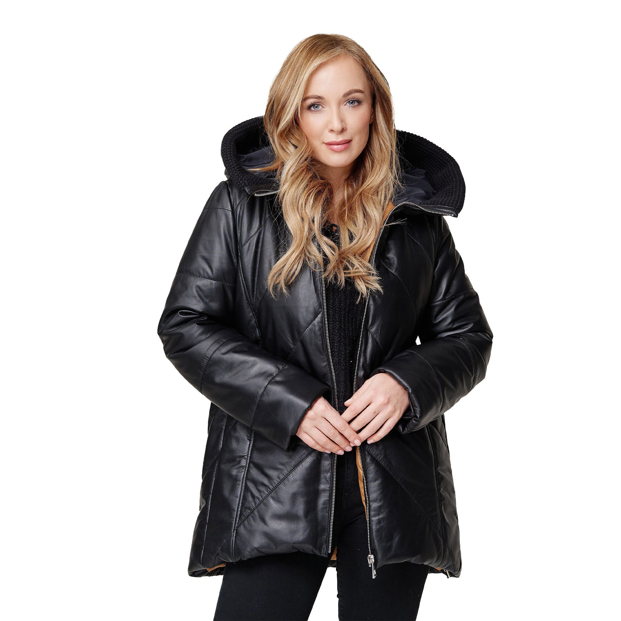 S&A Ledermoden Lederjacke Mandy Kapuze mit Strickrand günstig online kaufen