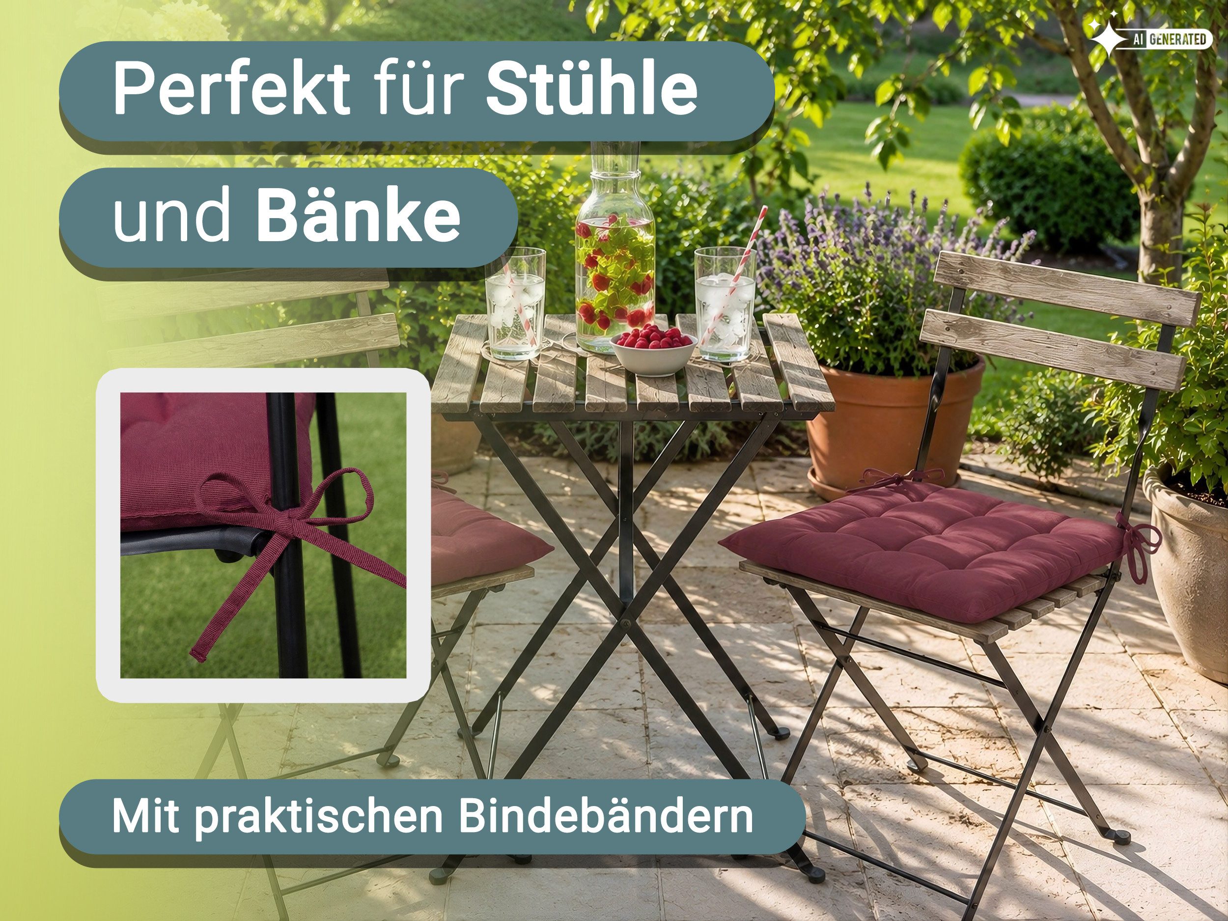 ZOLLNER Stuhlkissen, 40 x 40 cm, mit Bindebänder, für Indoor und Outdoor