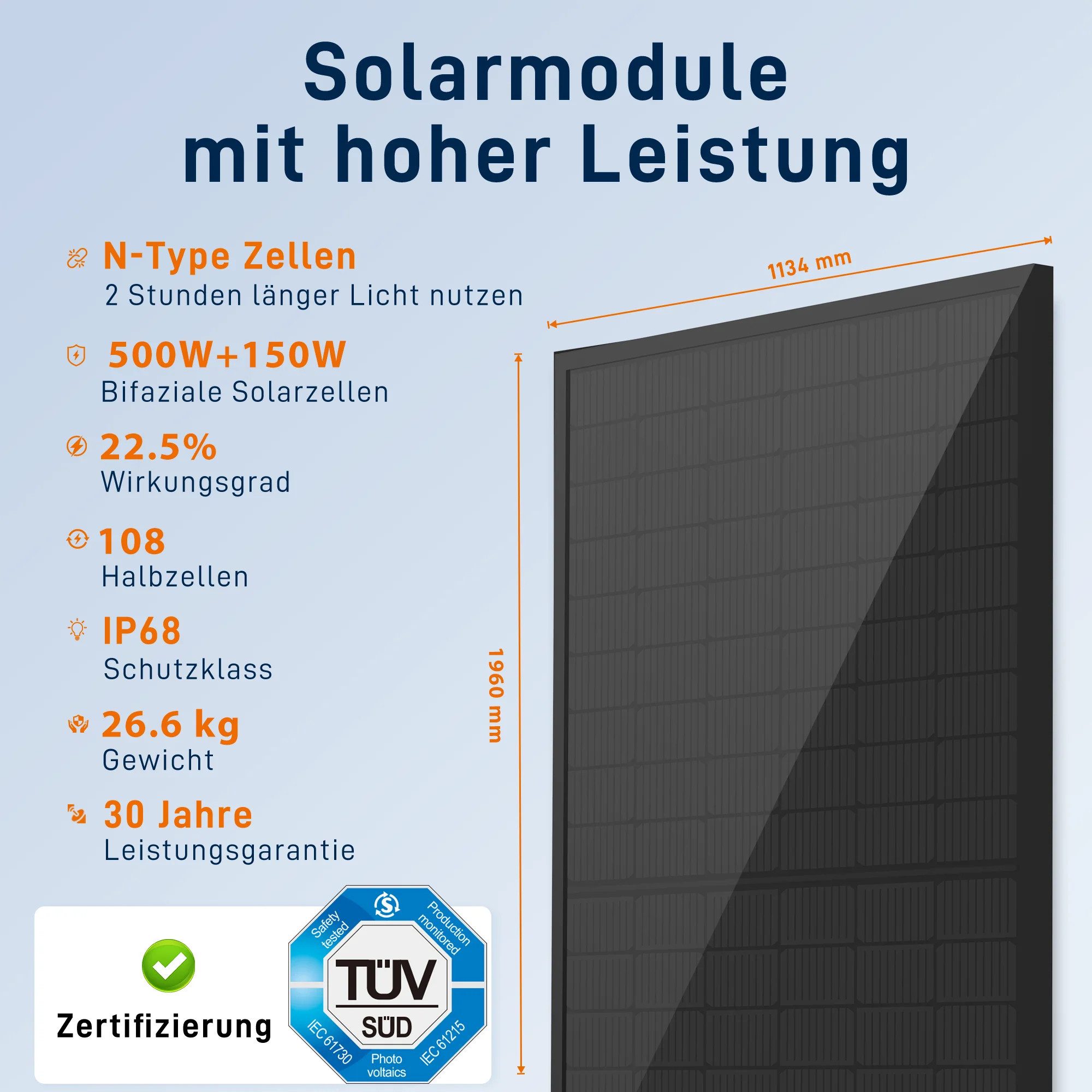 SolarMars Solarmodul 450/500/900/1000Bifazial Glas Solarpanel für Balkonkraftwerke, (PV Modul, 1-St)