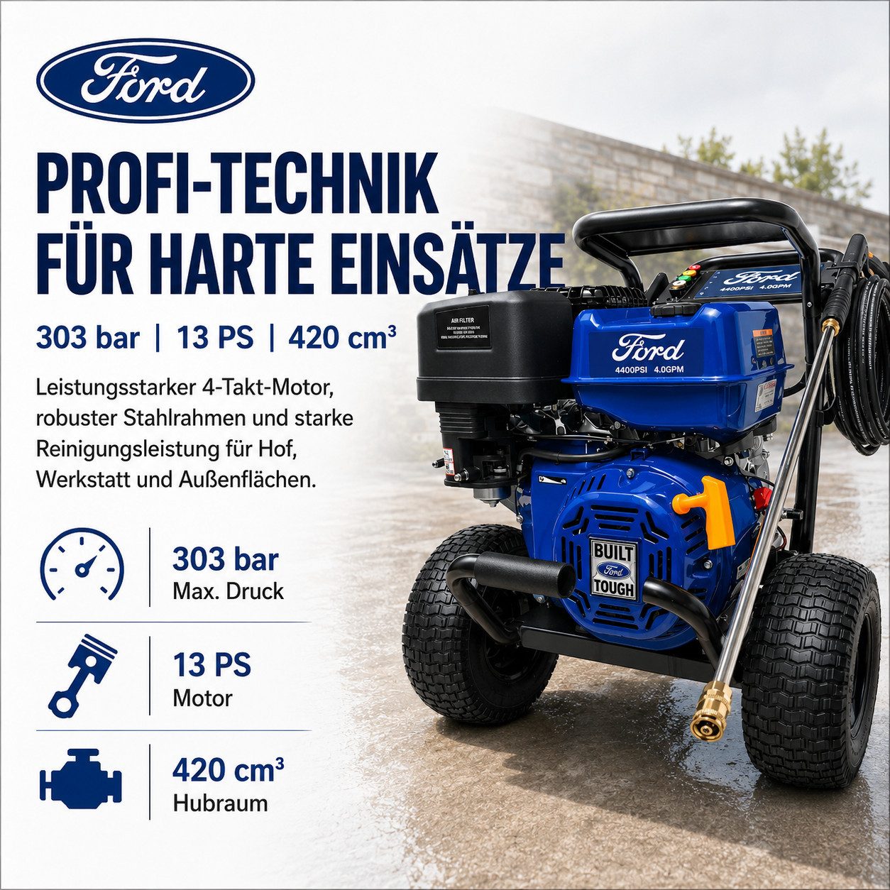 DeTec. Hochdruckreiniger Ford Benzin 13PS 303 bar 420cm³ mit 21" Flächenreiniger 52 cm, Druck max: 303 bar, Mit Triplex-Keramikpumpe von Annovi Reverberi