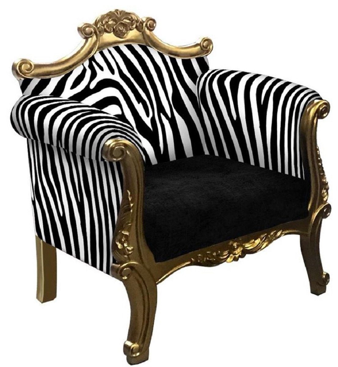 Casa Padrino Sessel Barock Sessel im Zebra Design Schwarz / Weiß / Gold - Handgefertigter Wohnzimmer Sessel im Barockstil - Barock Wohnzimmer Möbel