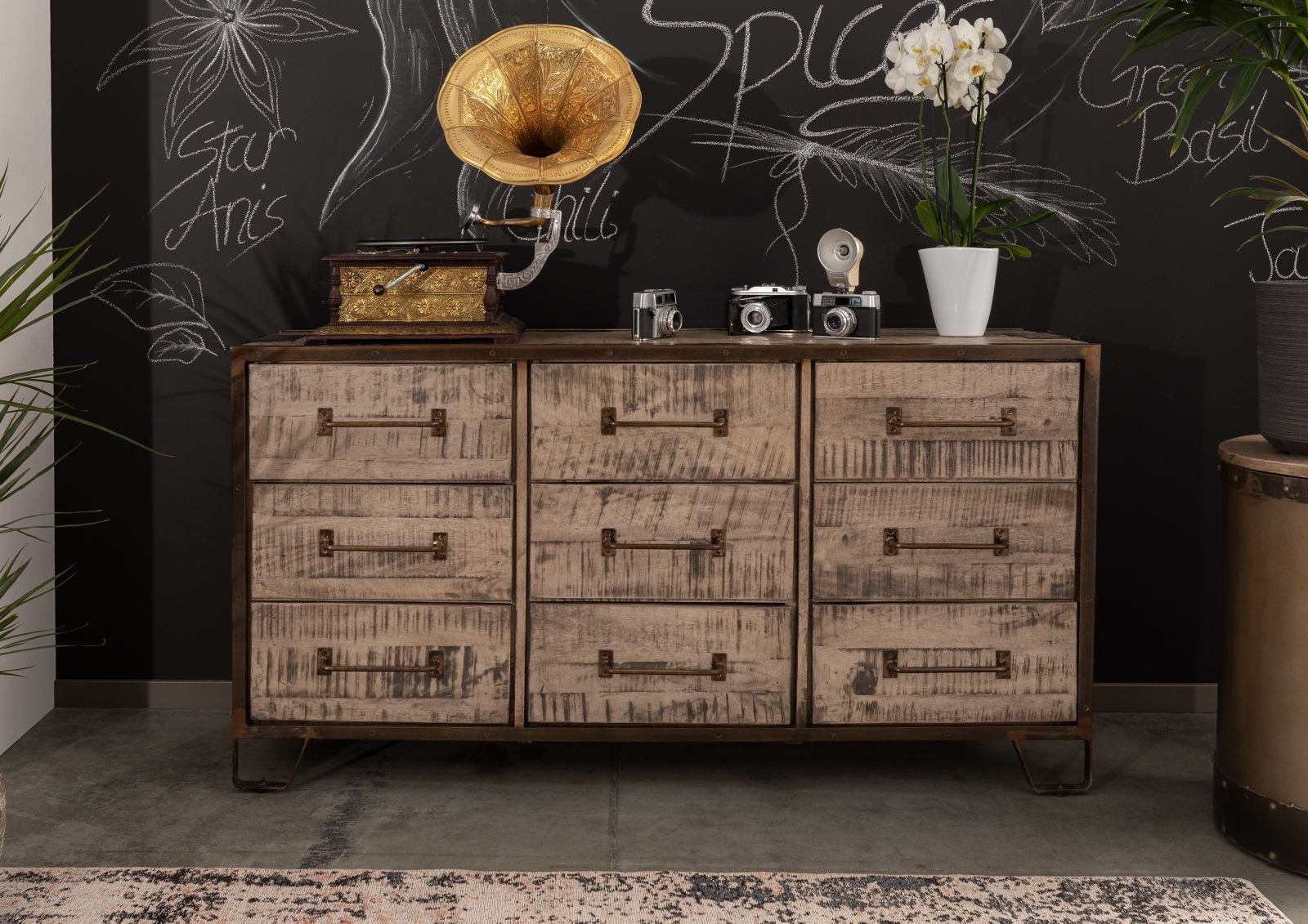 Massivmoebel24 Sideboard HEAVY INDUSTRY (Massivholz), Sideboard Mango 150x45x80 braun lackiert HEAVY INDUSTRY #218