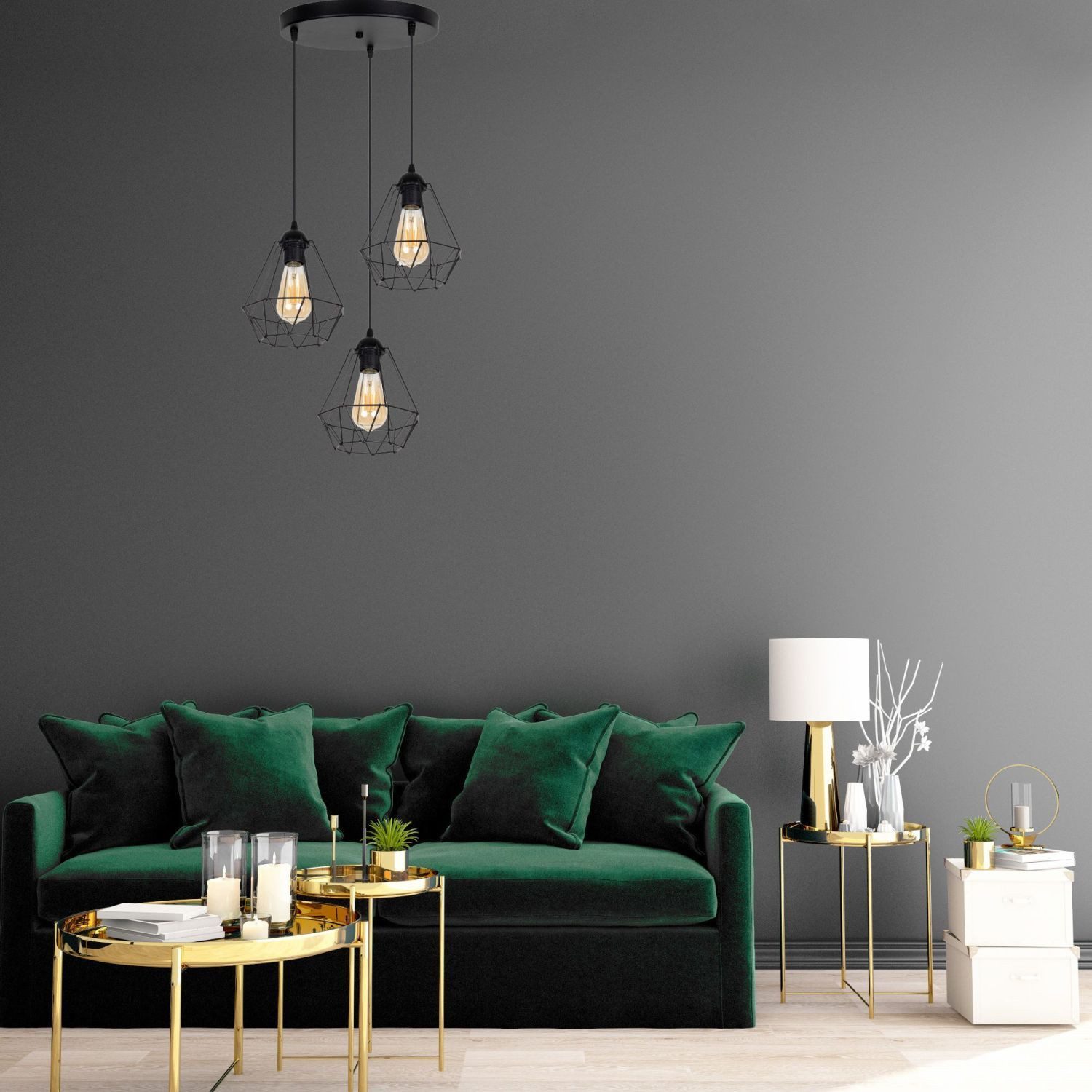 Licht-Erlebnisse Pendelleuchte ZUZOLL, ohne Leuchtmittel, Metall E27 45 cm breit H: max. 90 cm Schwarz 3-flammig Retro Design