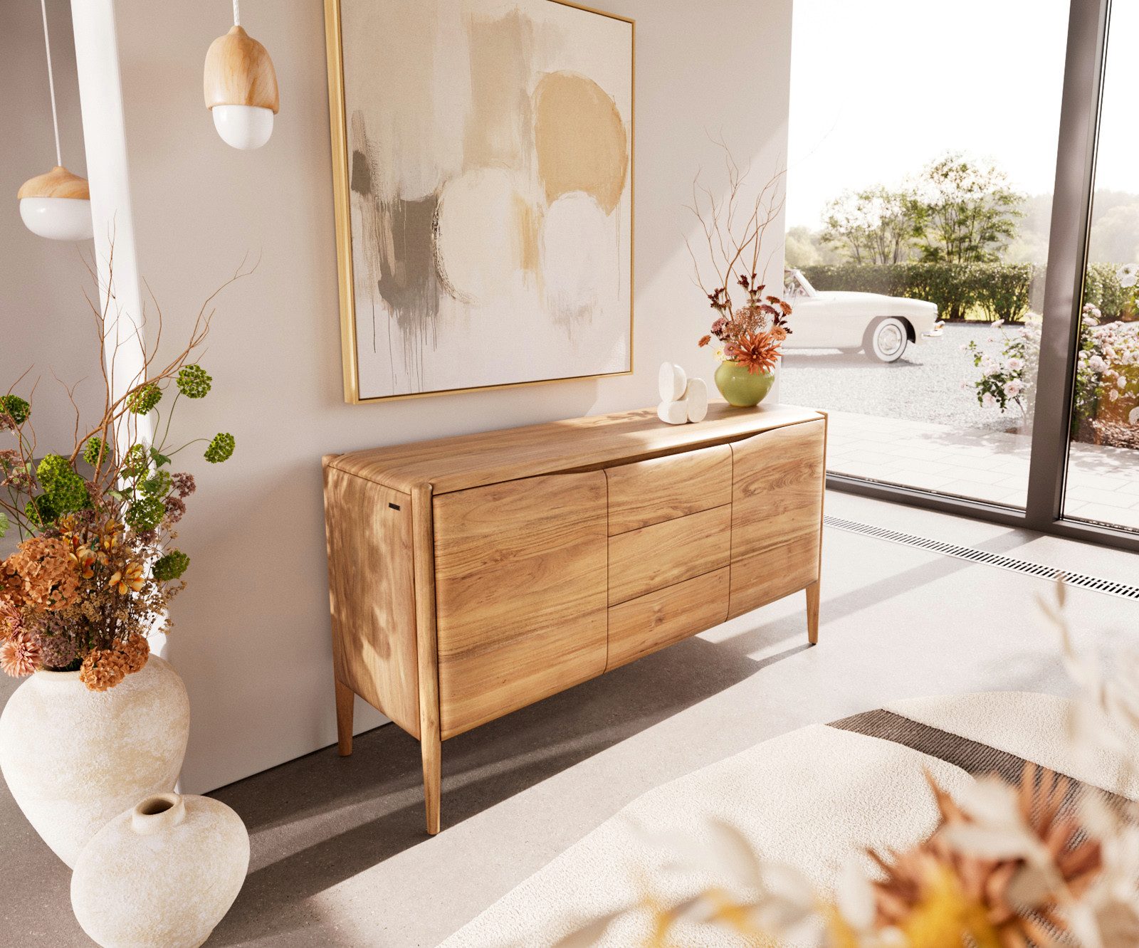 DELIFE Sideboard Simcha, Akazie Natur 145 cm 2 Türen 3 Schubladen Sideboard