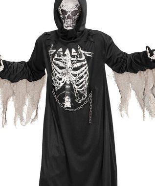 Karneval-Klamotten Kostüm Sensenmann Kinder Totenkopf Skelett mit Sense, Halloween Kapuzenumhang mit Skelett Aufdruck Kapuzenmaske und Sense