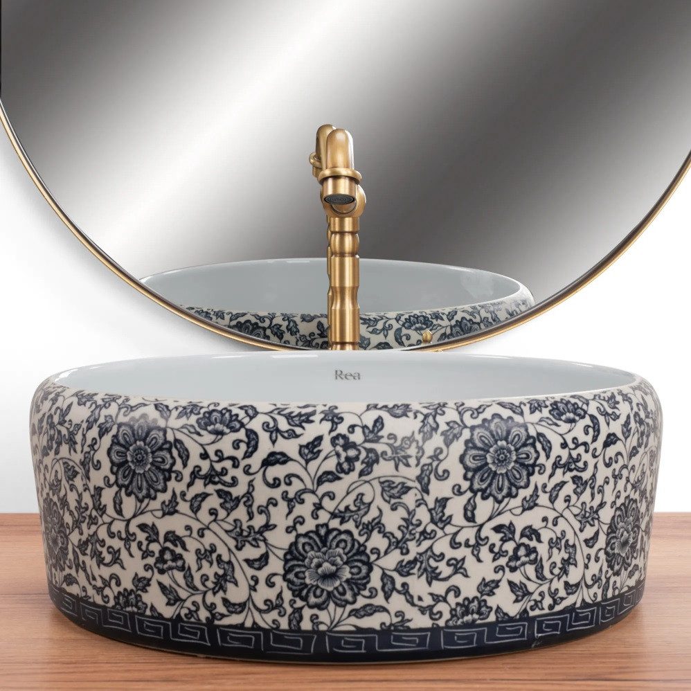 wohnwerk.idee Aufsatzwaschbecken Waschbecken Vintage Blau Ornamente Blumen Florisa Design