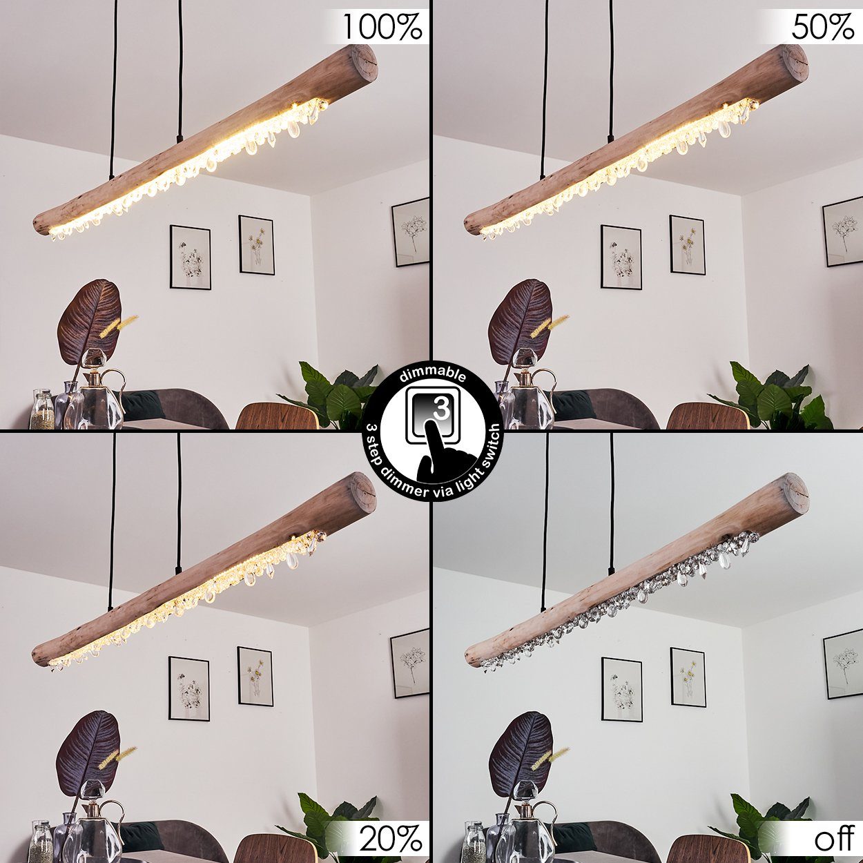 hofstein Pendelleuchte »Lipusa« Hängelampe länglich aus Metall Schwarz und Holz, 3000 Kelvin, 1xLED 20 Watt, 2000 Lumen, über herkömmlichen Lichtschalter dimmba – Bild 2 von 5