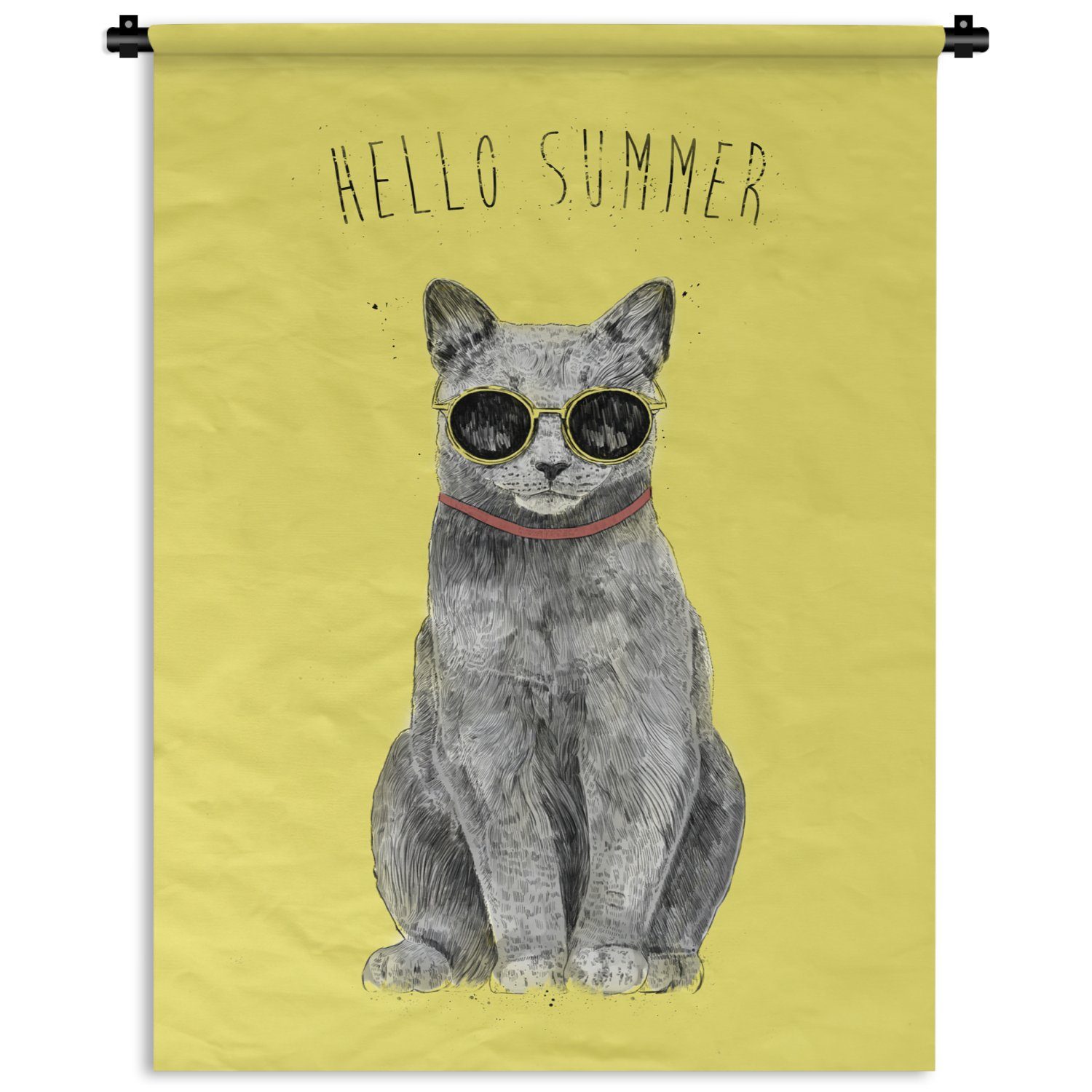MuchoWow Wanddekoobjekt Hallo Sommer Gelb, - an - Schlafzimmer Katze für Wohnzimmer, der Brille Wand, - Tapisserie, Deko