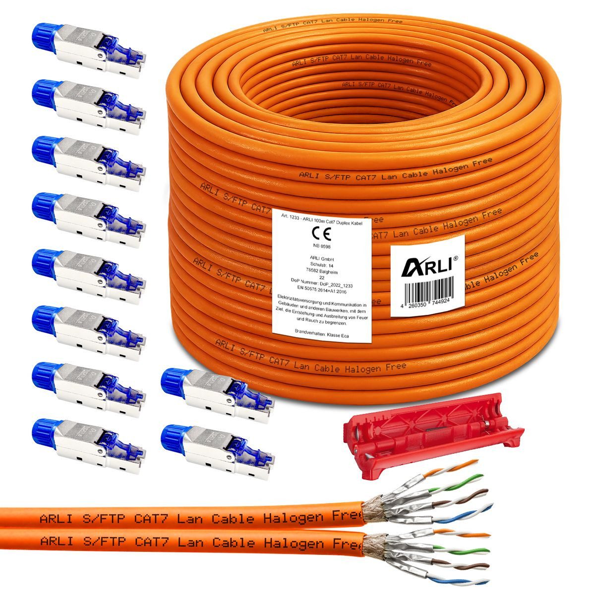 ARLI Verlegekabel Duplex Cat7 100m + 10 RJ45 Netzwerkstecker CAT8.1 Installationskabel, (10000 cm), Netzwerk Kabel