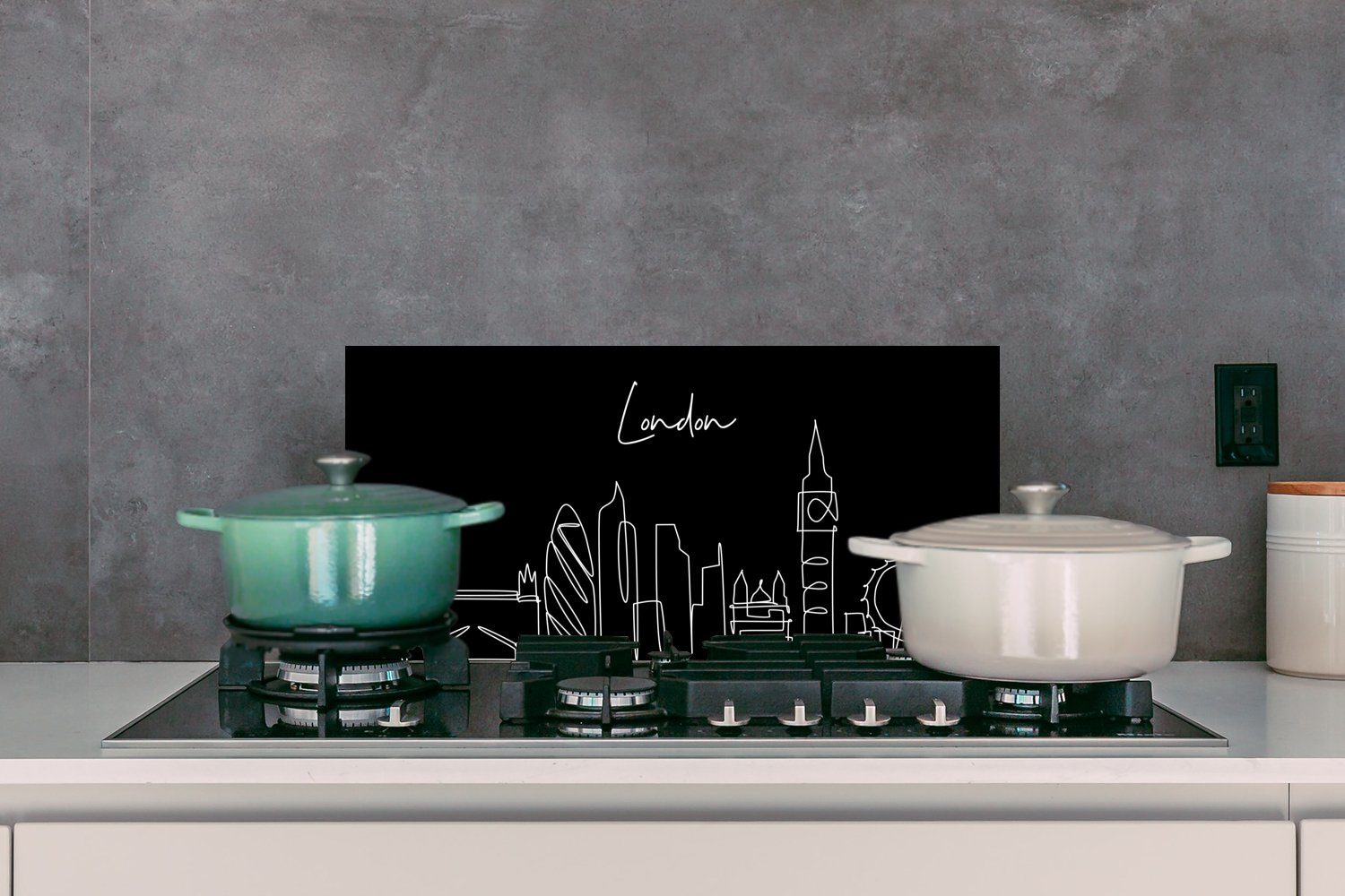 - Schmutzflecken - Küchenrückwand Fett London - MuchoWow Strichzeichnung cm, für Schwarz 60x30 - gegen Wandschutz, (1-tlg), Weiß, Skyline und Küchen