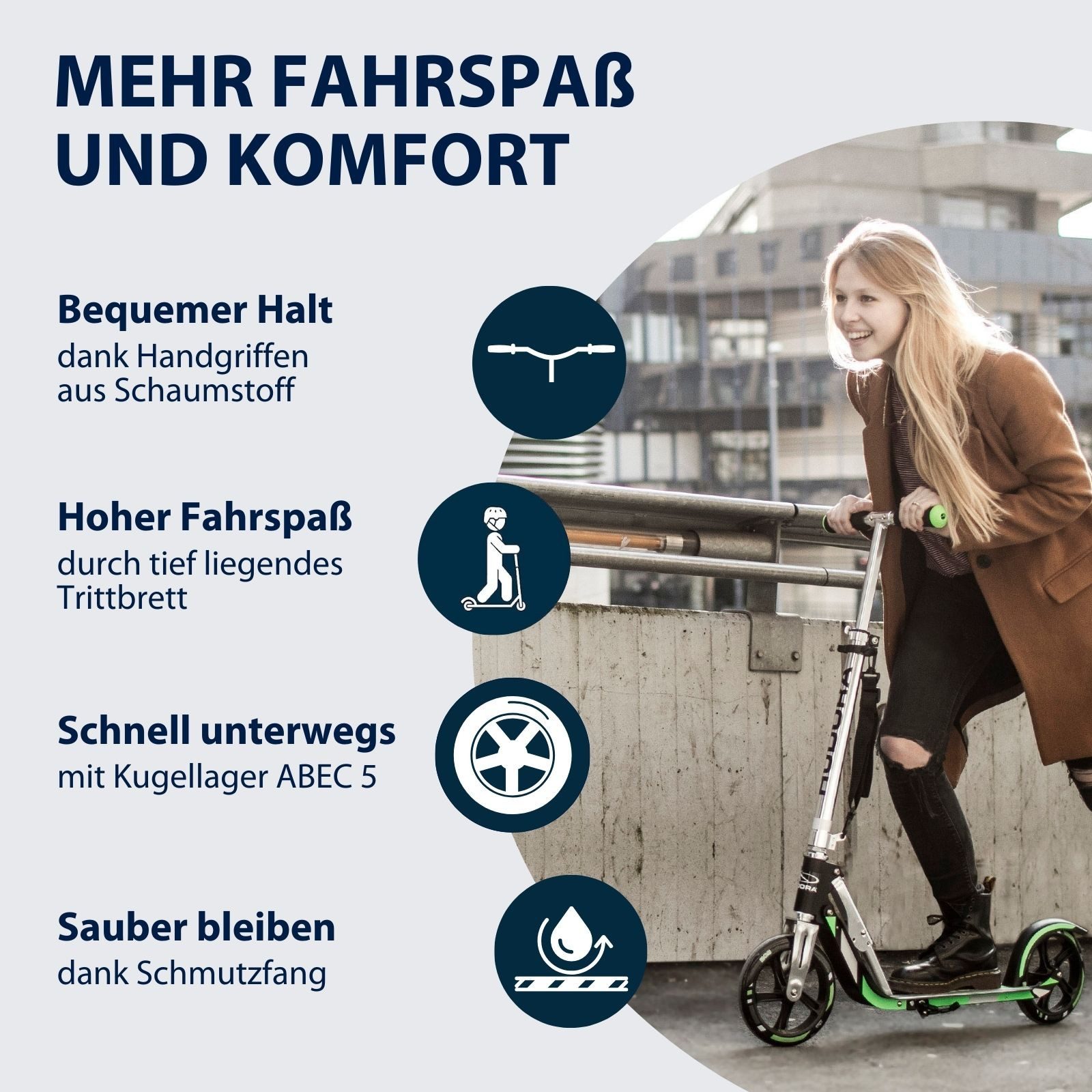 Hudora Cityroller BigWheel® 205 Tretroller - Höhenverstellbar & zusammenklappbar, (Kinder- & Erwachsenenroller für bis zu 100kg - Tretroller mit Ständer, Stabiler Aluminium-Roller), einklappbarer, höhenverstellbarer Kick-Scooter